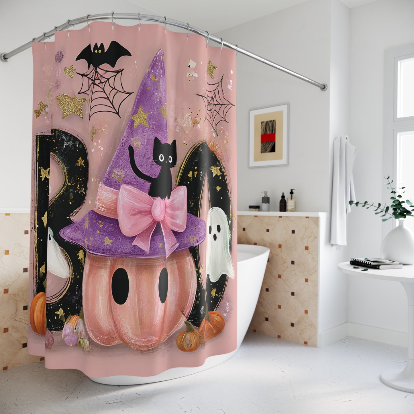 Halloween Decor Shower Curtain, Spooky Bathroom Ideas, Cute Jack-o'-Lantern, Witch Theme, Kid-Friendly