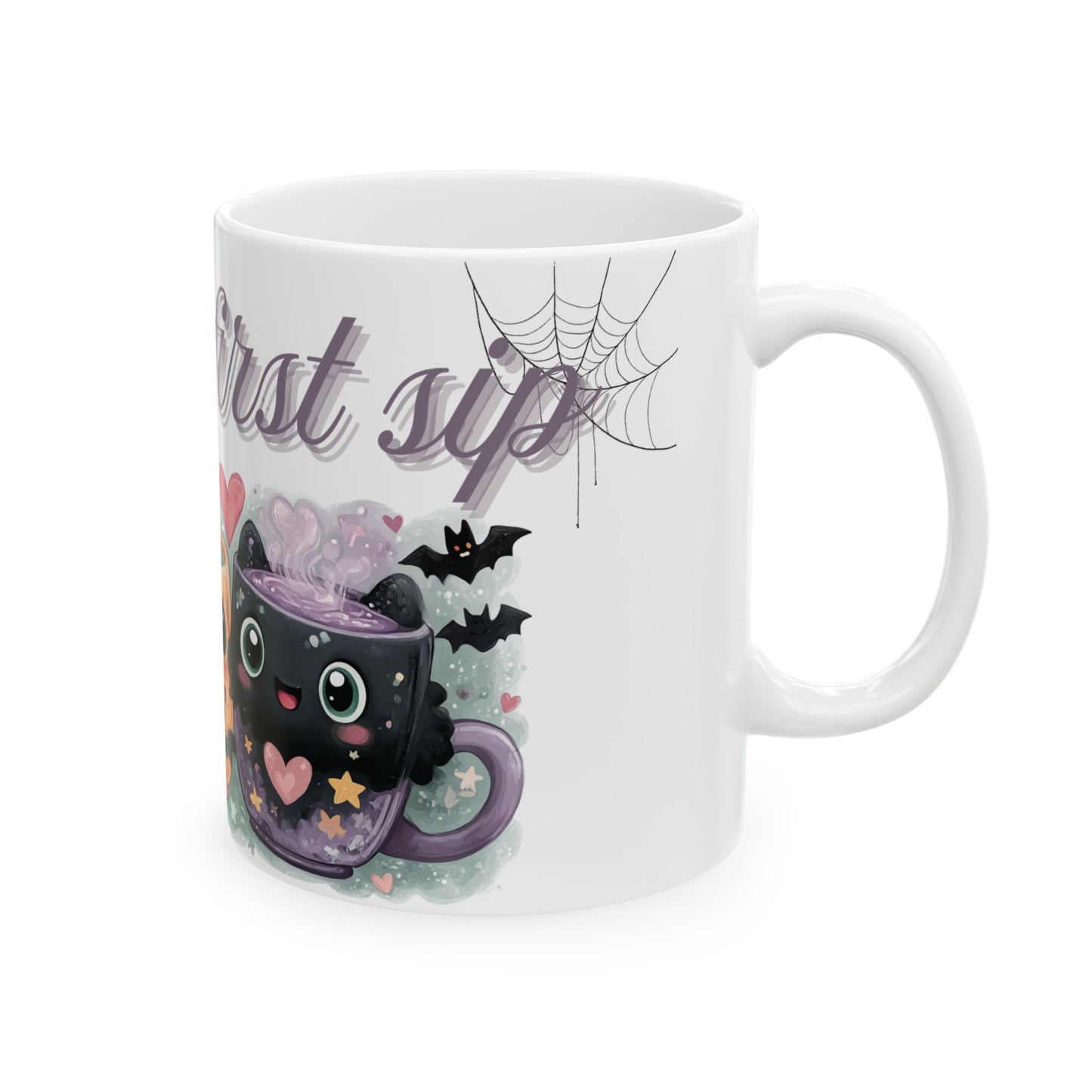 Whimsical Bat Ceramic Mug, Love at First Sip Kawaii Style Coffee Cup, 11oz, 15oz - Halloween Gift, Animal Lover, Cute Kitchen Decor, Vampire
