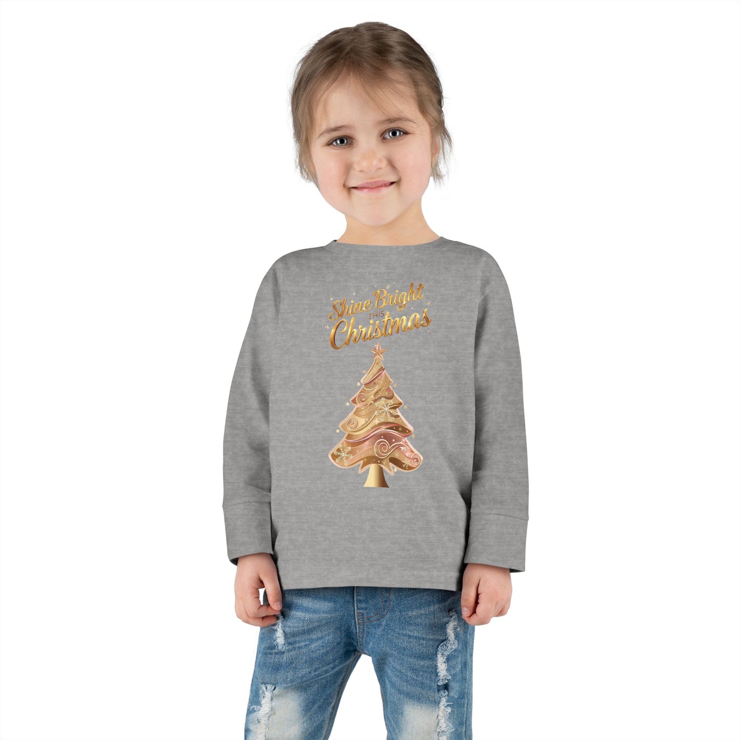 Toddler Long Sleeve Tee, "Shine Bright Christmas" Shirt for Kids, Holiday Outfit, Christmas Gift, Festive Clothing, Cute Toddler Apparel