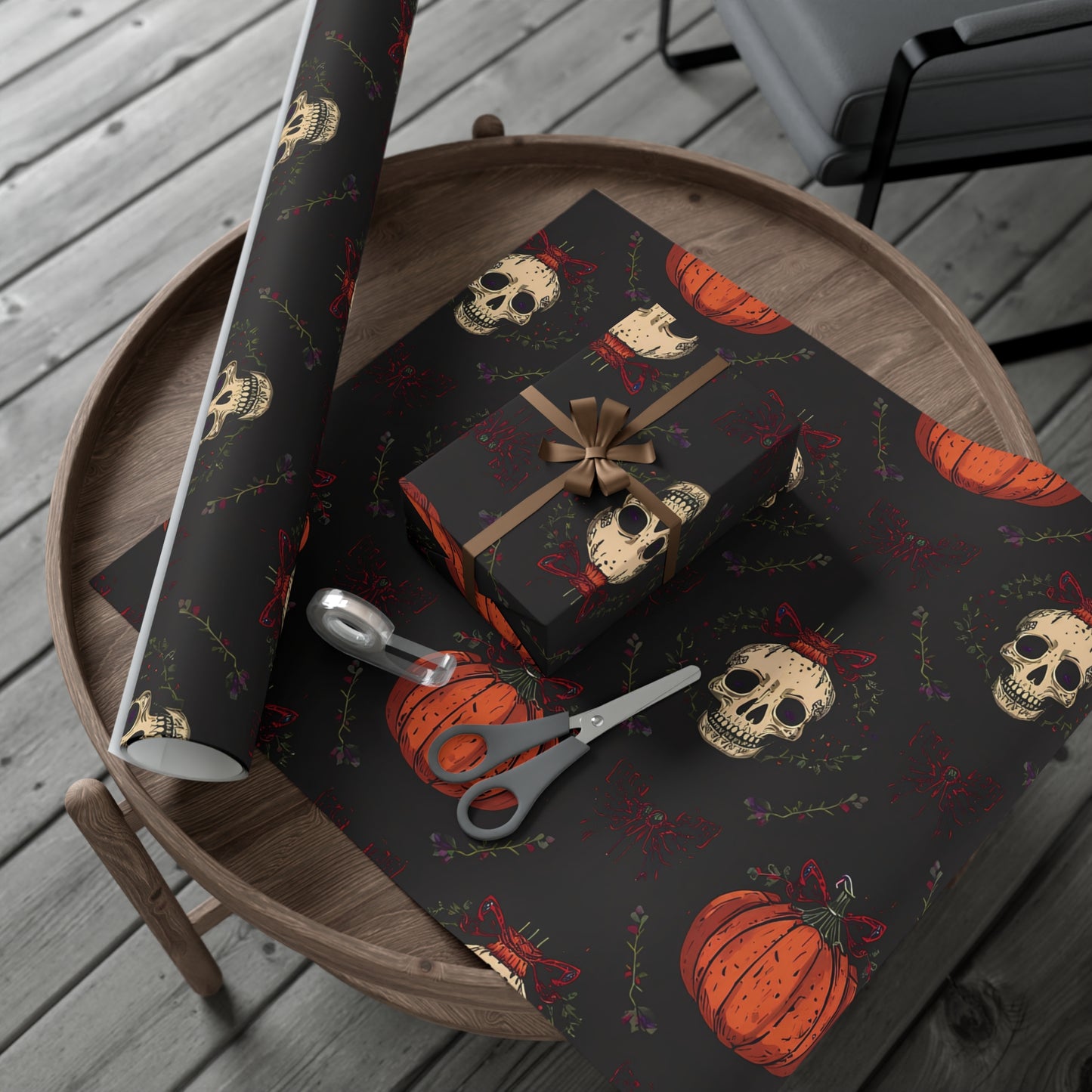 Hollyween Christmas Wrapping Paper – Gothic Holiday Gift Wrap with Skulls, Pumpkins & Bows