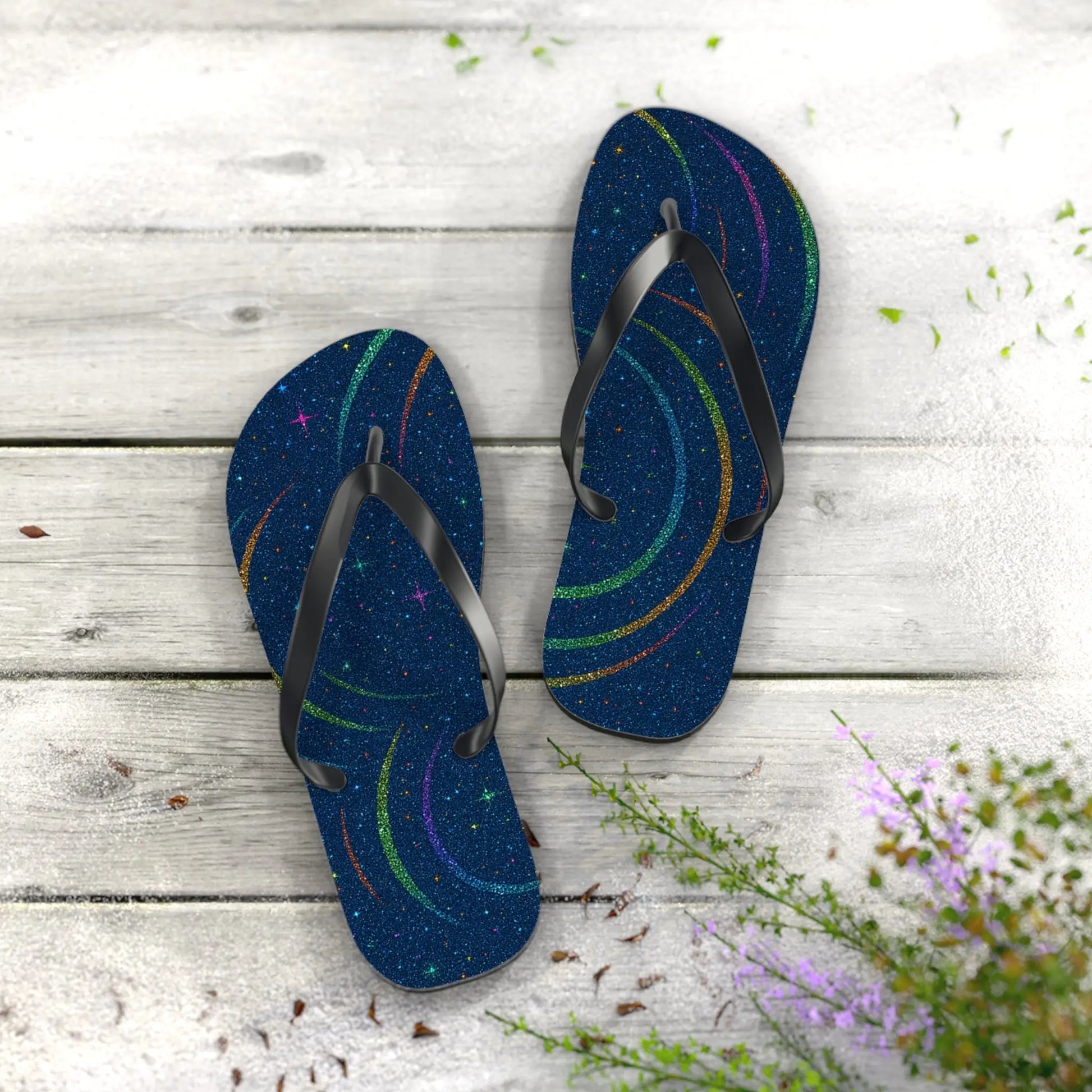 Cosmic Flip Flops | Starry Beach Sandals, Summer Footwear, Boho Style, Vacation Slides, Festival Accessories Printify
