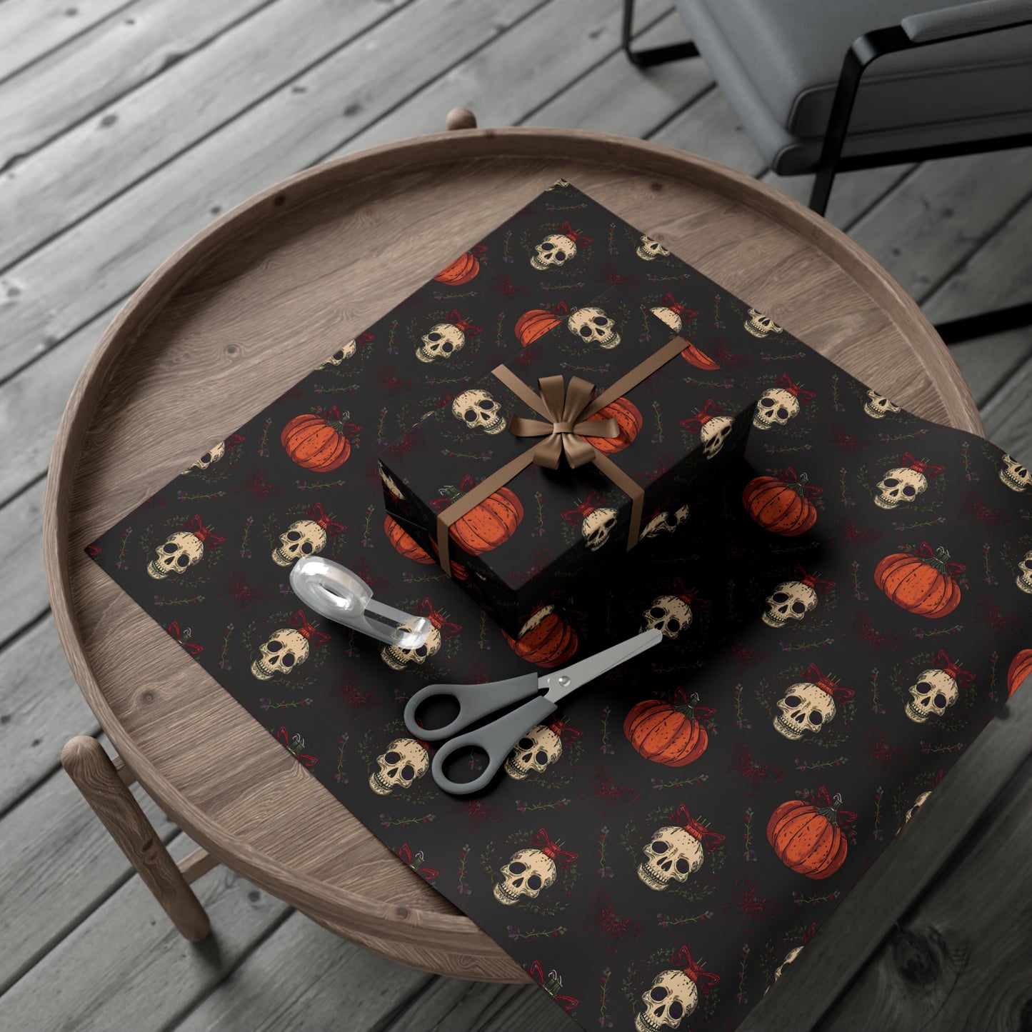 Hollyween Christmas Wrapping Paper – Gothic Holiday Gift Wrap with Skulls, Pumpkins & Bows