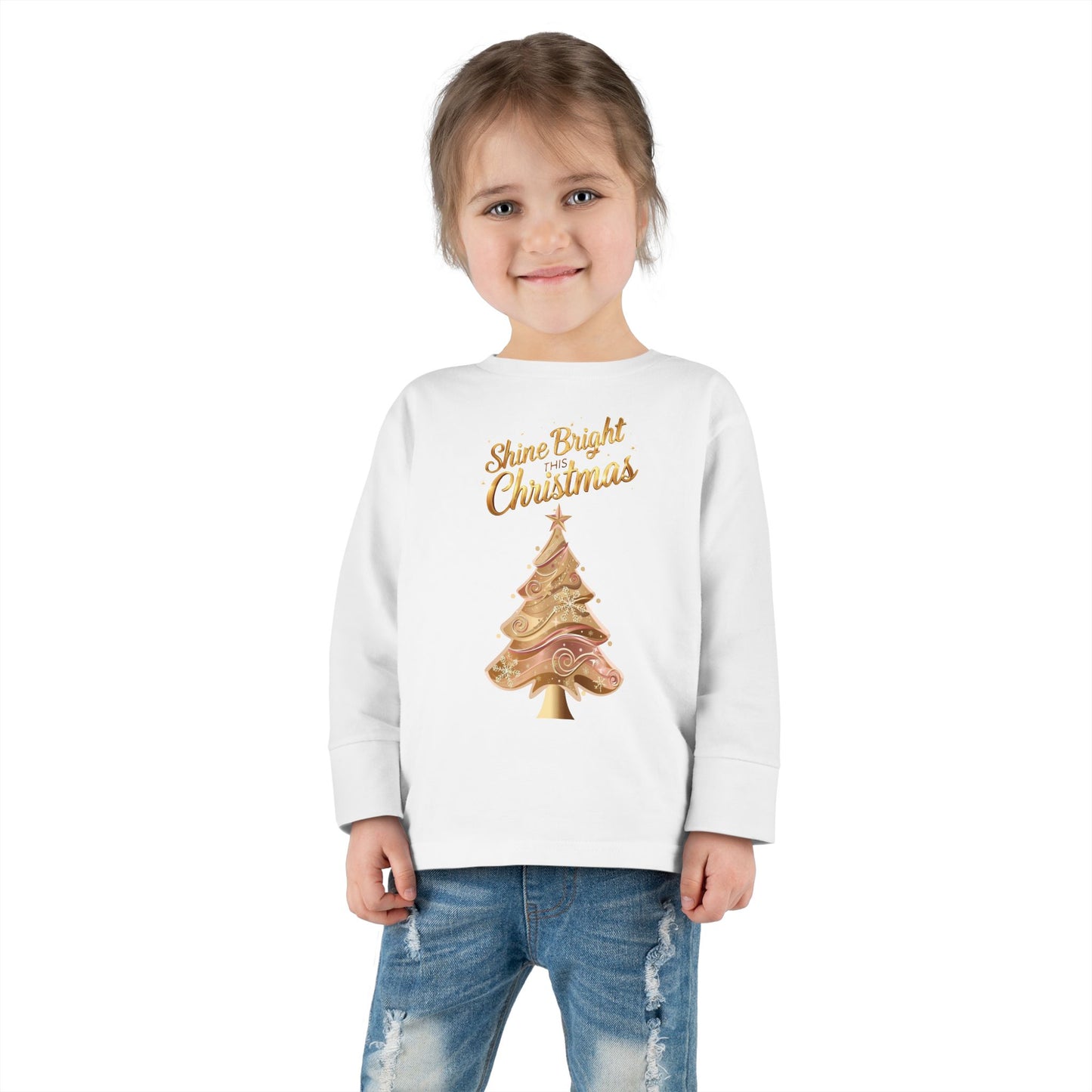 Toddler Long Sleeve Tee, "Shine Bright Christmas" Shirt for Kids, Holiday Outfit, Christmas Gift, Festive Clothing, Cute Toddler Apparel