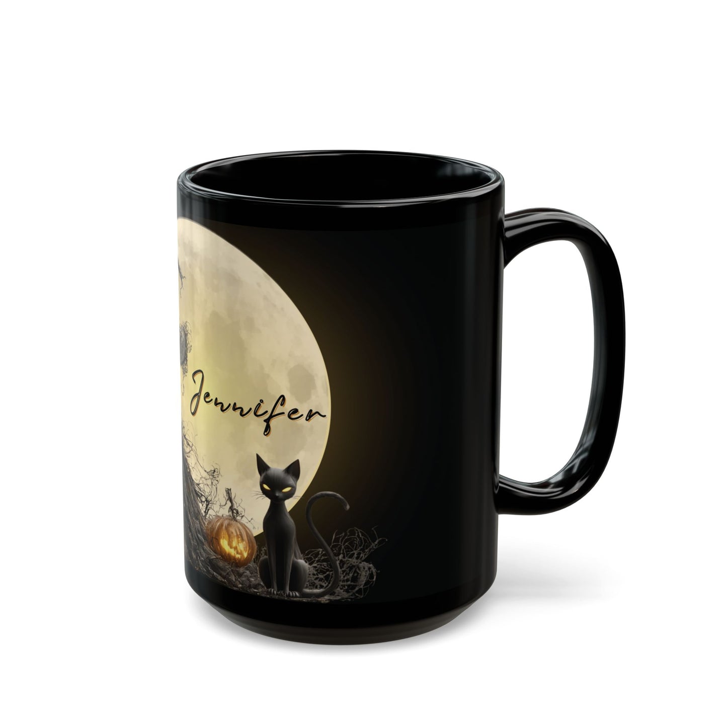 Personalized Halloween Witch Mug with Black Cat & Moon – Custom Name – 11oz / 15oz Black Glossy Ceramic Coffee Cup