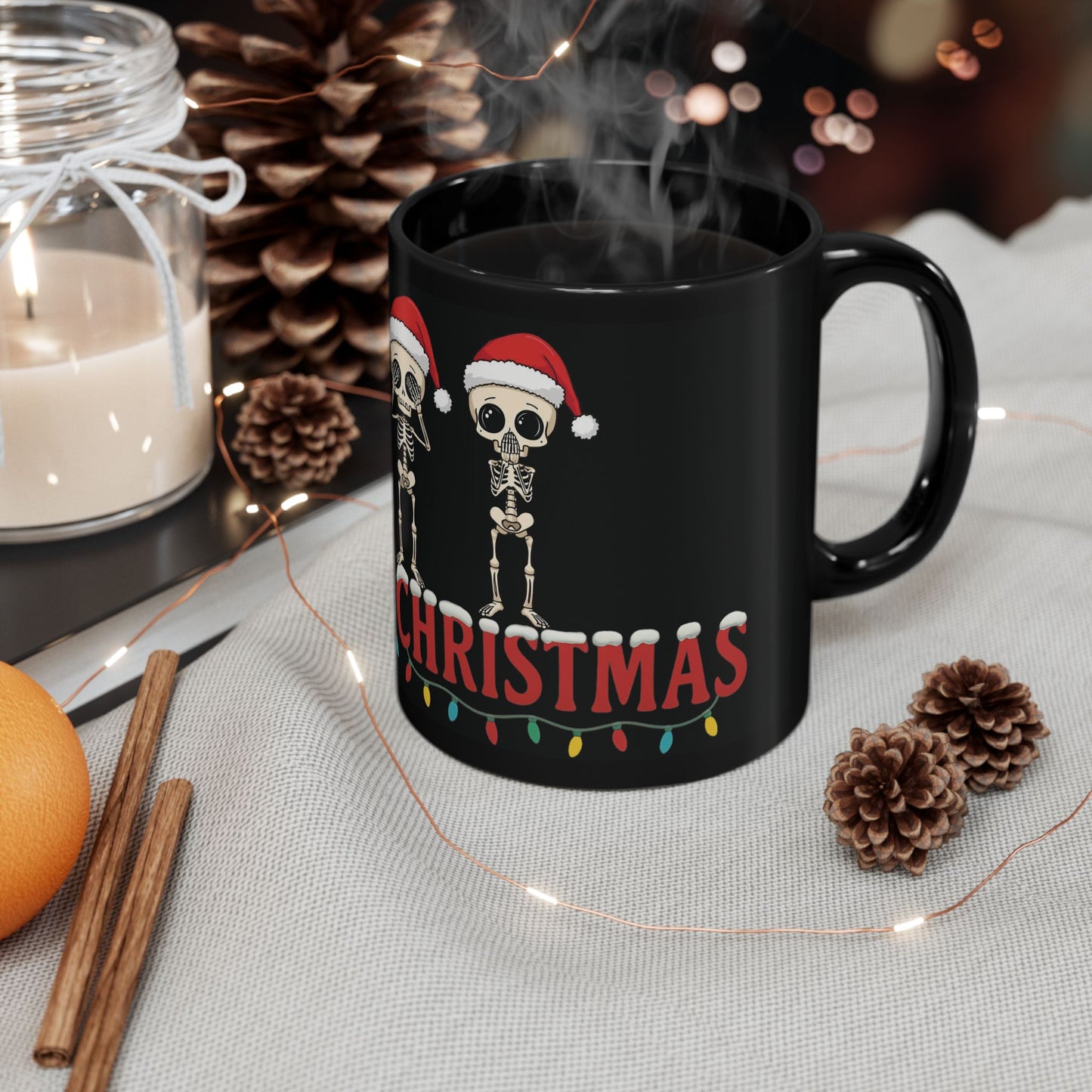 Christmas Skeleton Mug Funny Hear No Evil See No Evil Speak No Evil Skeletons in Santa Hats Black Coffee Cup Holiday Gift