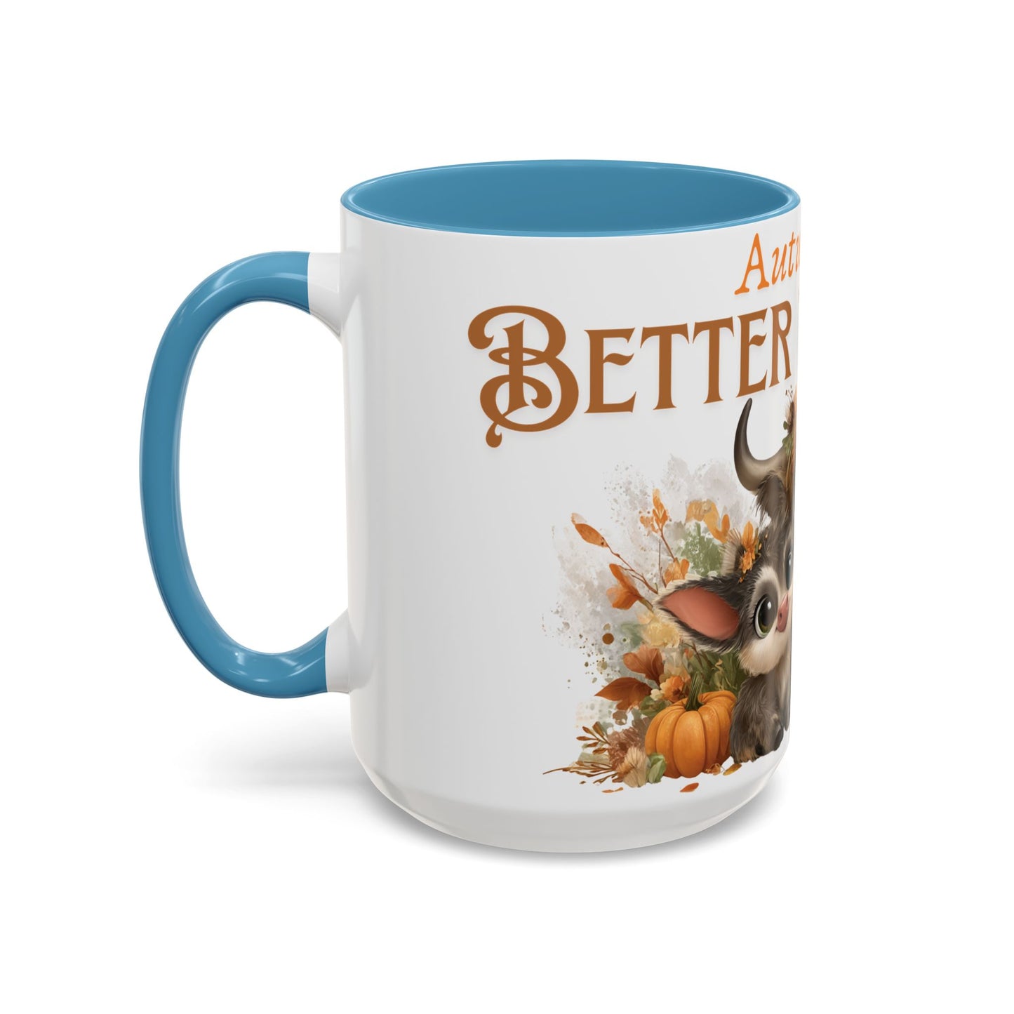 Autumn is Better Together Highland Cow Accent Coffee Mug Fall Mama and Baby Cow Cup White Ceramic with Color Handles 11oz or 15oz
