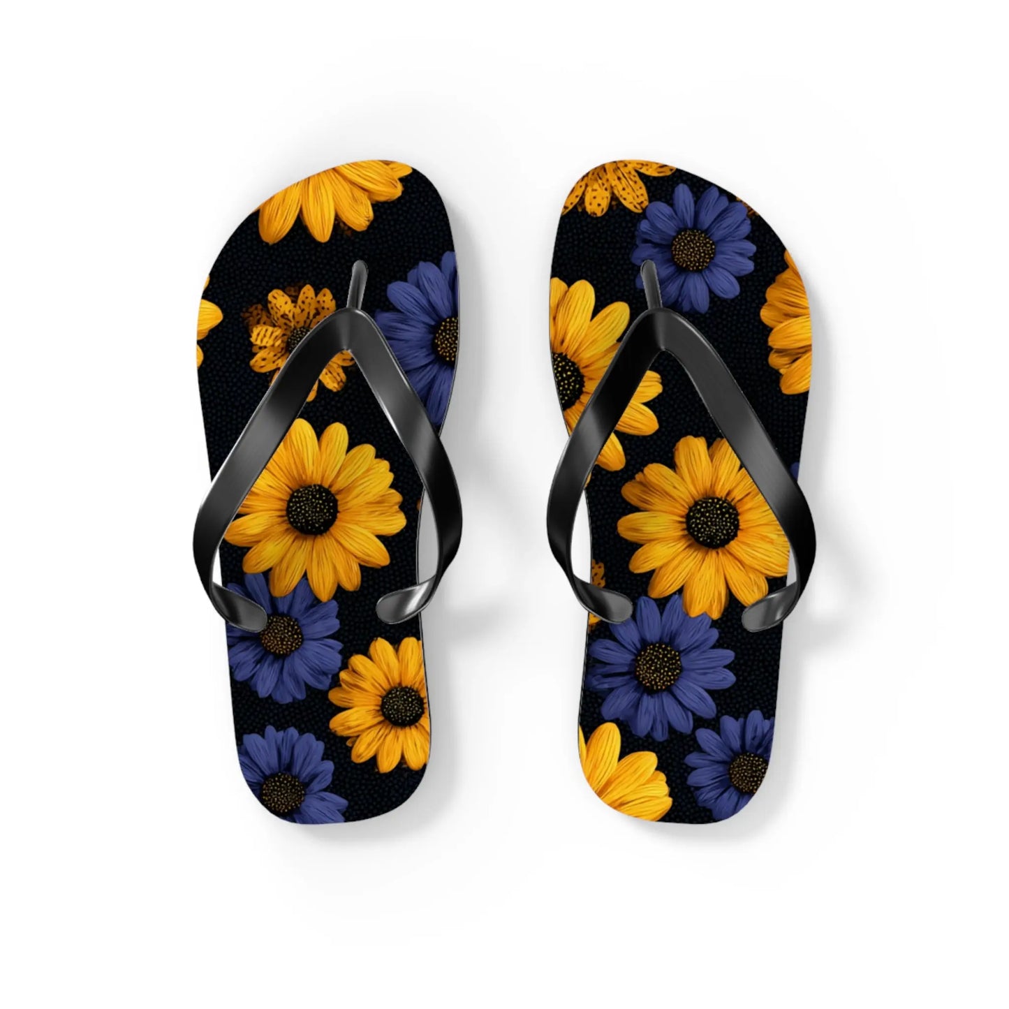 Flip Flops - Daisy Flower Seamless Pattern Retro 90s Vibe Yellow Navy Blue Black Printify