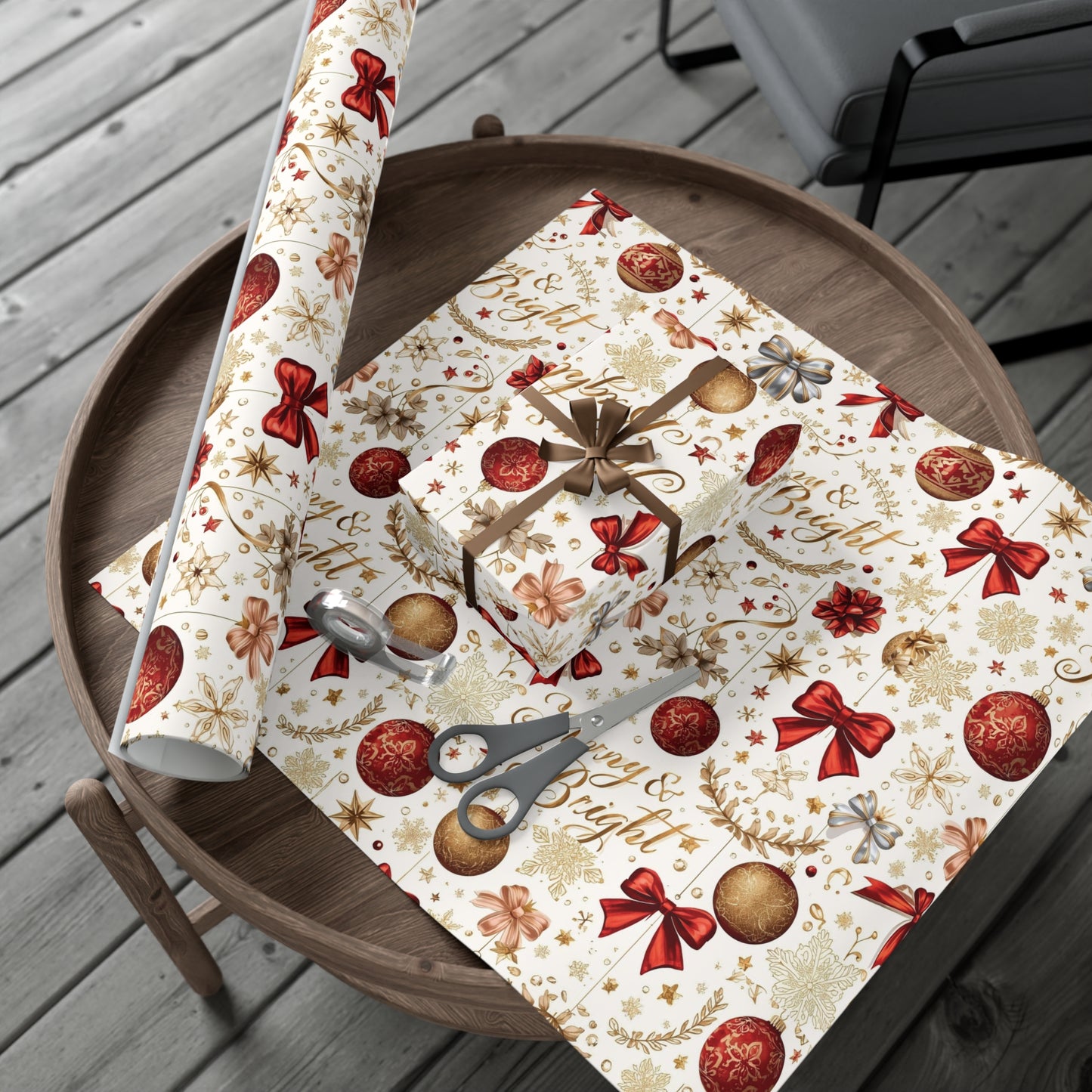 Merry & Bright Christmas Wrapping Paper – Elegant Red, Gold & Silver Ornament Gift Wrap