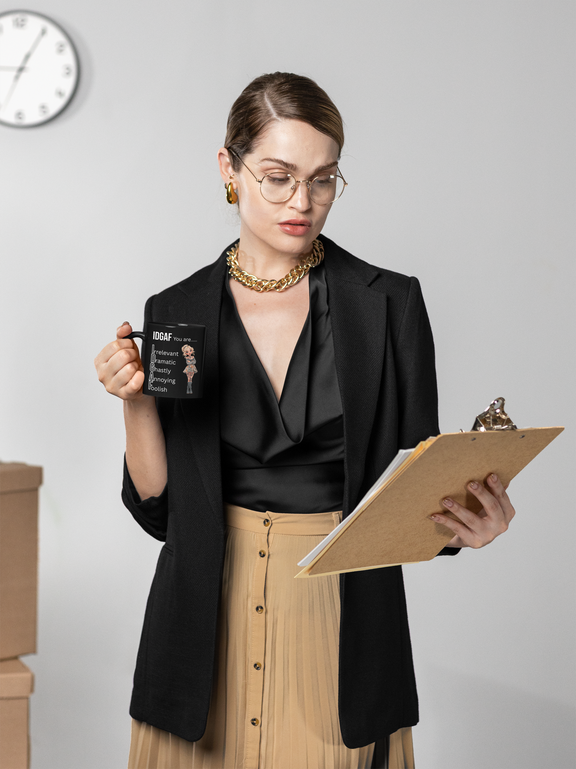 Funny IDGAF Black Mug - Sarcastic Coffee Cup for Those Who Don't Care, Ceramic Drinkware, Novelty Tea Mug, Snarky Gift, Office Humor Left side design Printify