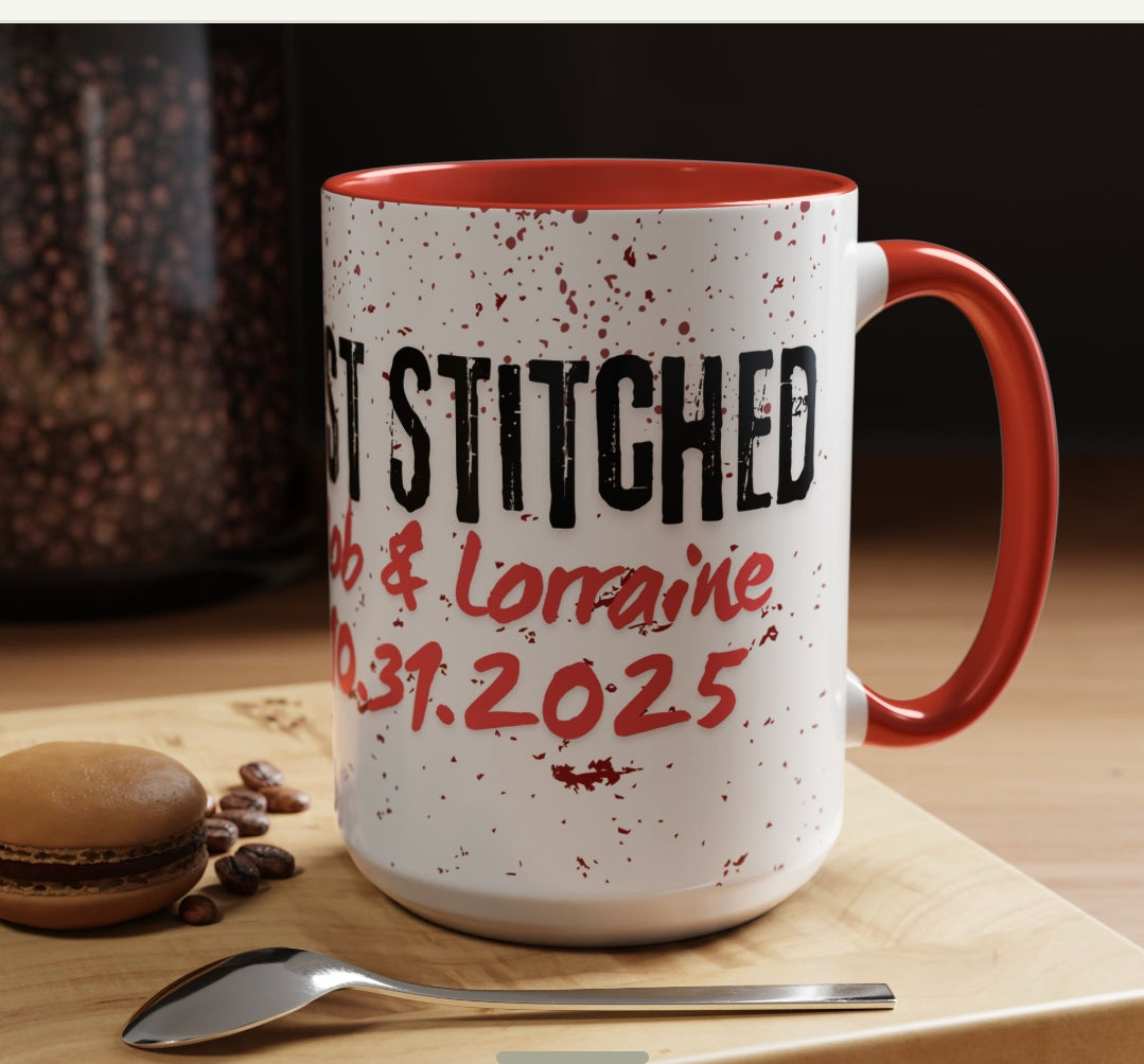 Accent Coffee Mug - Gothic Halloween Bride and Groom Just Stitched Personalized Mug