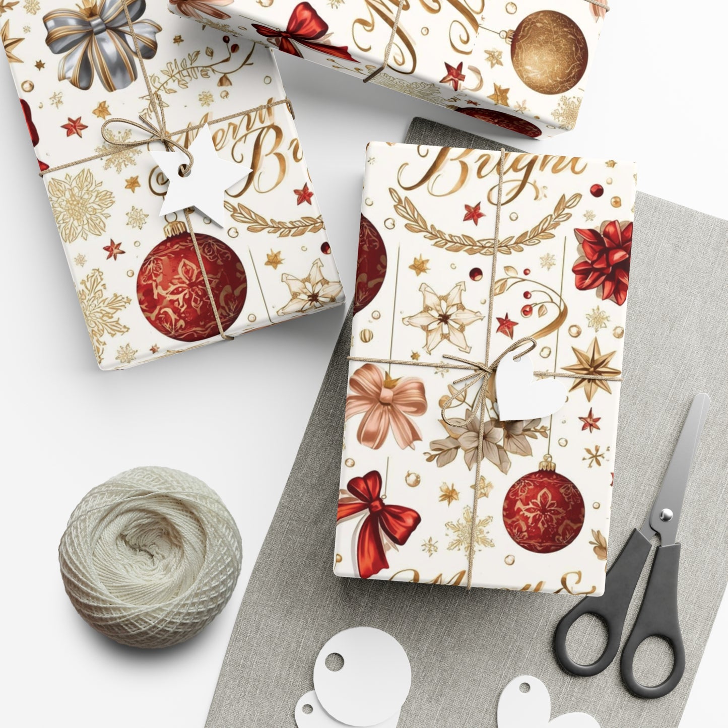Merry & Bright Christmas Wrapping Paper – Elegant Red, Gold & Silver Ornament Gift Wrap