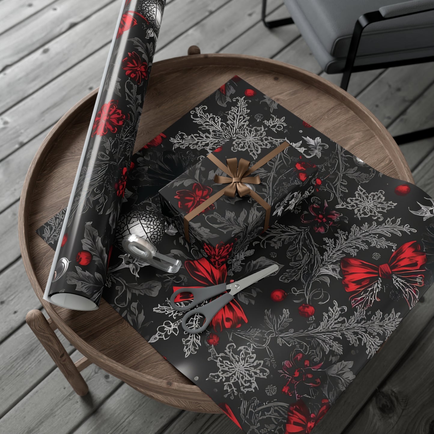 Elegant Victorian Gothic Christmas Wrapping Paper – Dark Holiday Gift Wrap with Red Bows & Snowflakes