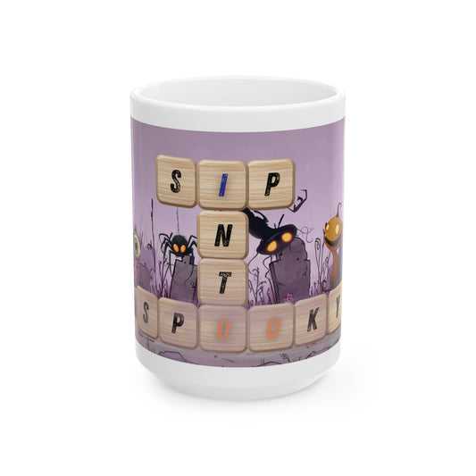 Sip Into Spooky Halloween Mug, Funny Scrabble Tile Coffee Cup, Cute Monster Design, Fall Gift for Coffee Lovers, Dishwasher Safe