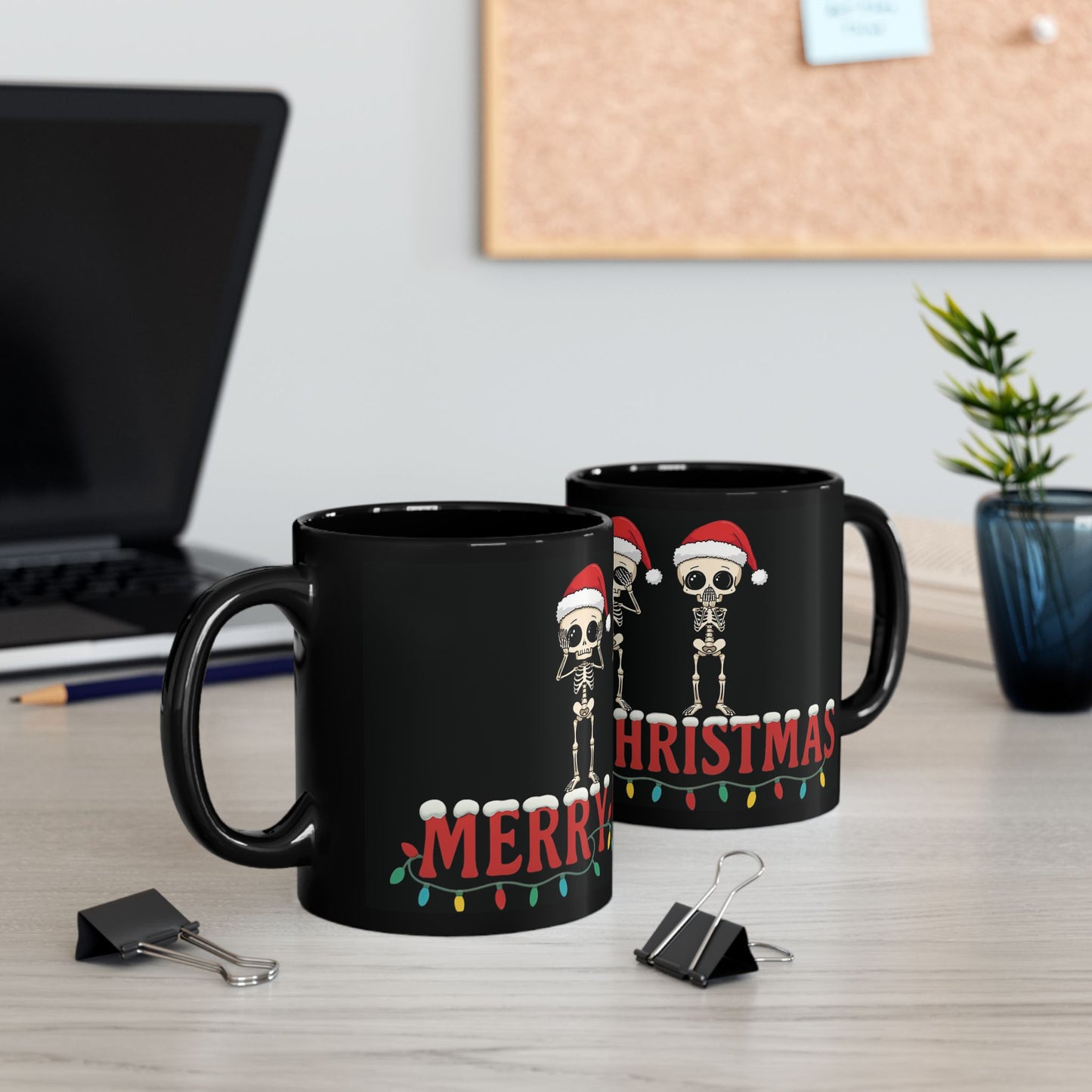 Christmas Skeleton Mug Funny Hear No Evil See No Evil Speak No Evil Skeletons in Santa Hats Black Coffee Cup Holiday Gift