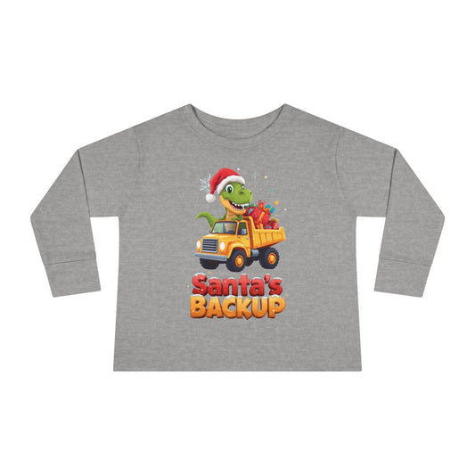 Toddler Long Sleeve Christmas Tee, Santa's Backup Dinosaur Shirt, Holiday Gift for Kids, Cute Xmas Outfit, Fun Christmas Apparel