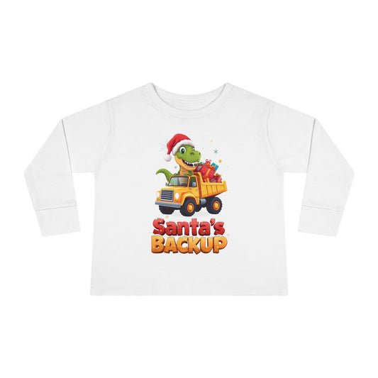 Toddler Long Sleeve Christmas Tee, Santa's Backup Dinosaur Shirt, Holiday Gift for Kids, Cute Xmas Outfit, Fun Christmas Apparel