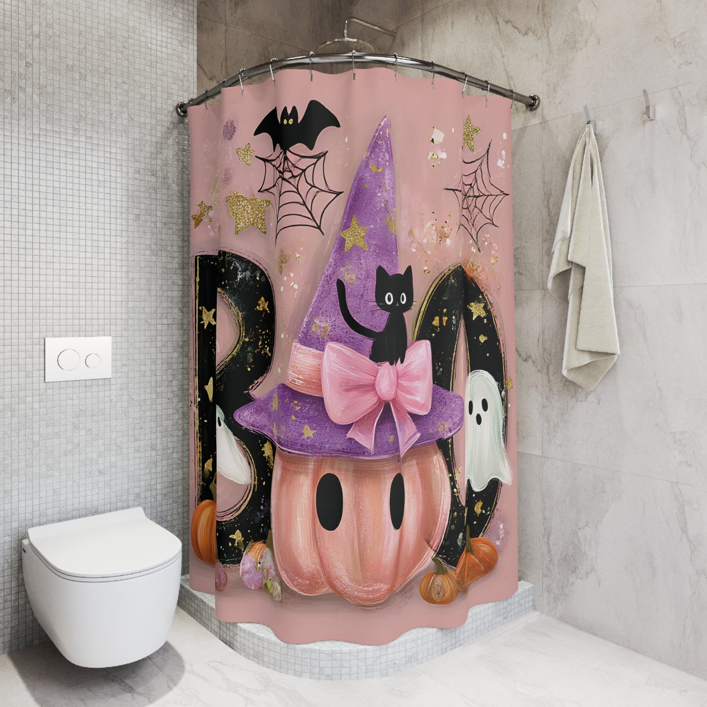 Halloween Decor Shower Curtain, Spooky Bathroom Ideas, Cute Jack-o'-Lantern, Witch Theme, Kid-Friendly