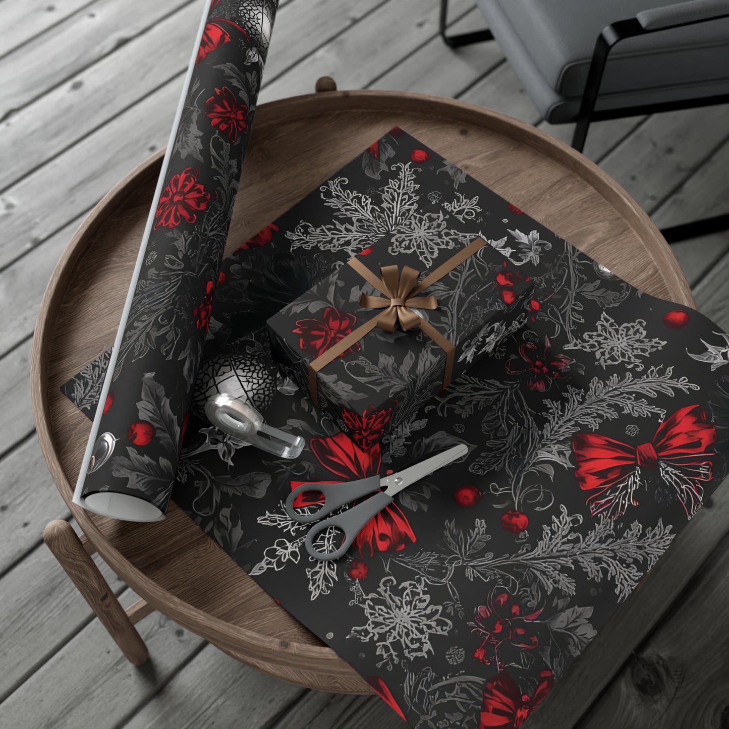 Elegant Victorian Gothic Christmas Wrapping Paper – Dark Holiday Gift Wrap with Red Bows & Snowflakes