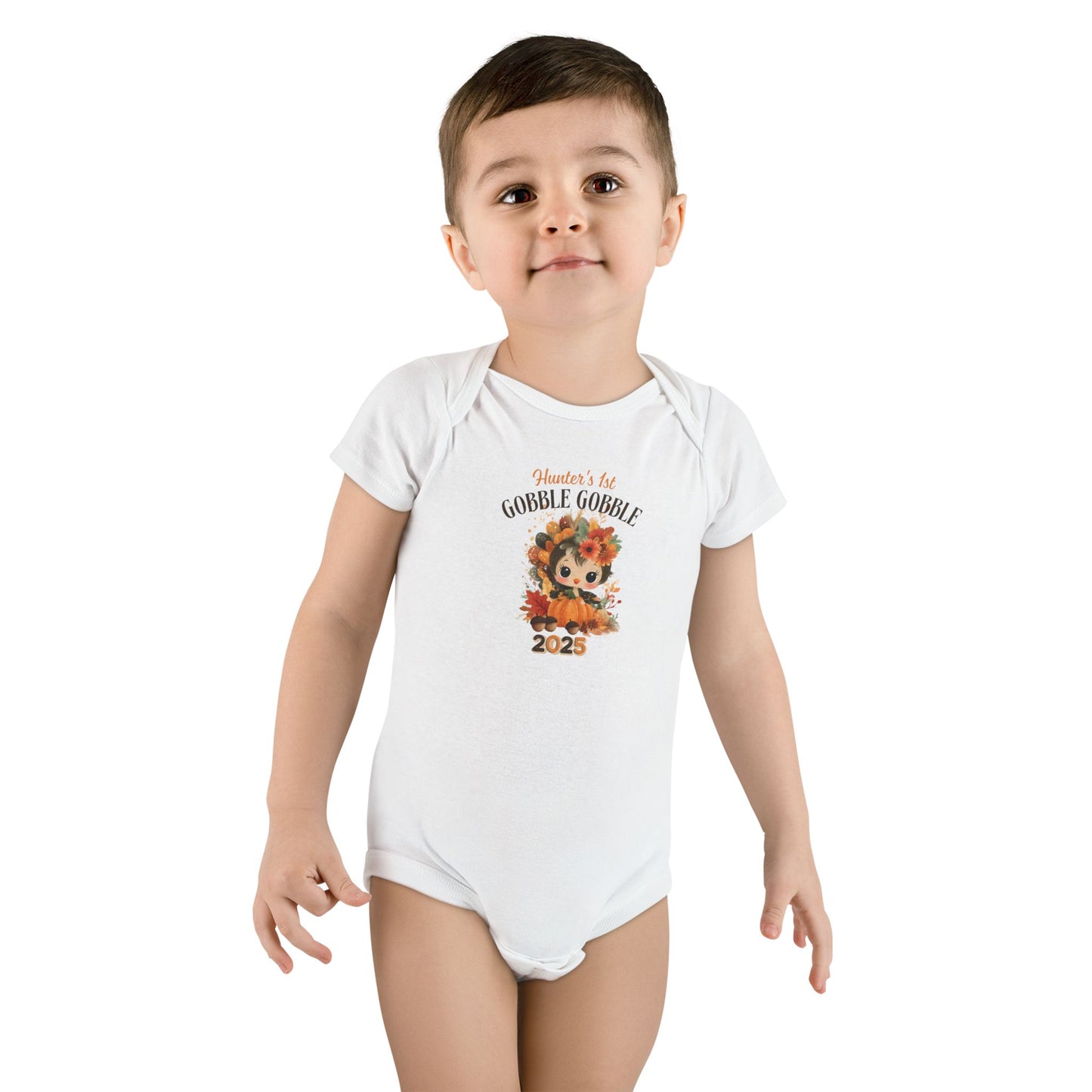 Personalized Baby Thanksgiving Onesie 1st Gobble Gobble Turkey Outfit Custom Name and Year Holiday Baby Bodysuit White Grey Blue Pink