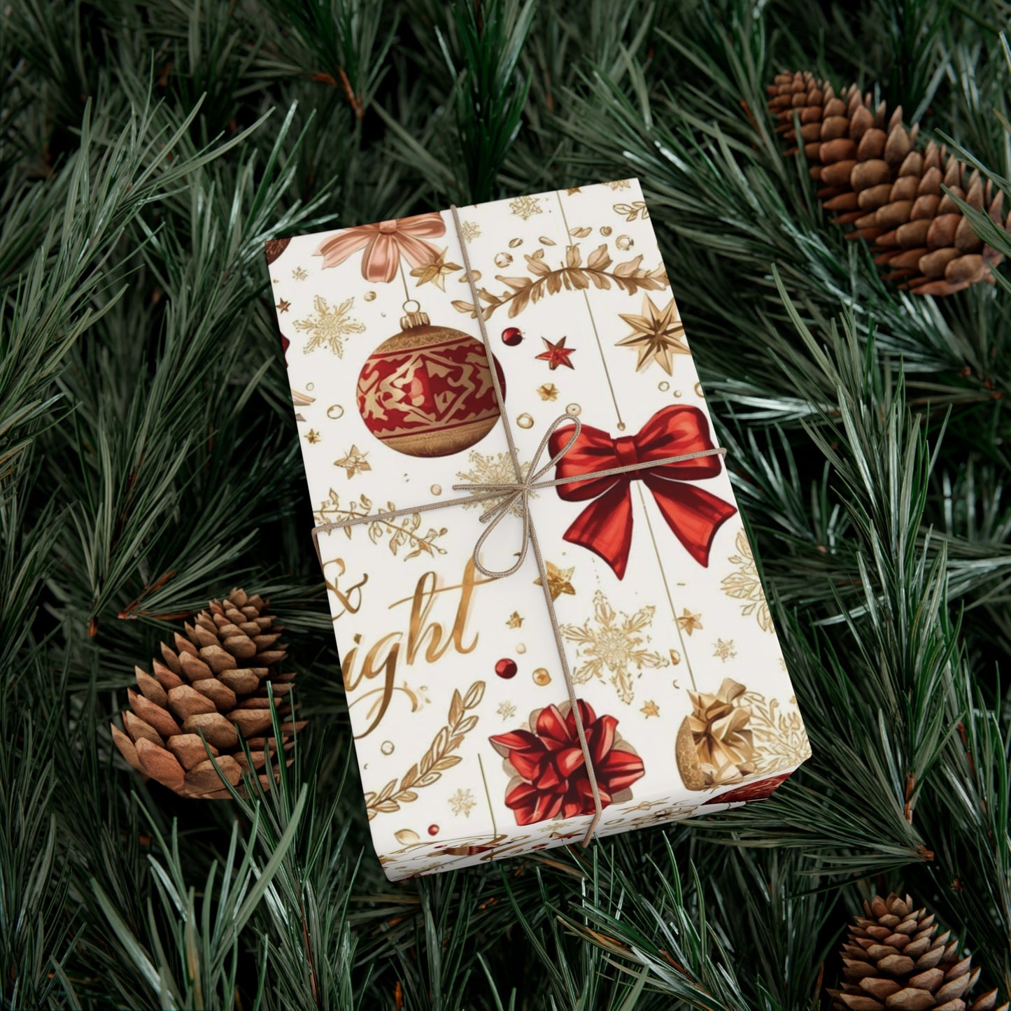 Merry & Bright Christmas Wrapping Paper – Elegant Red, Gold & Silver Ornament Gift Wrap