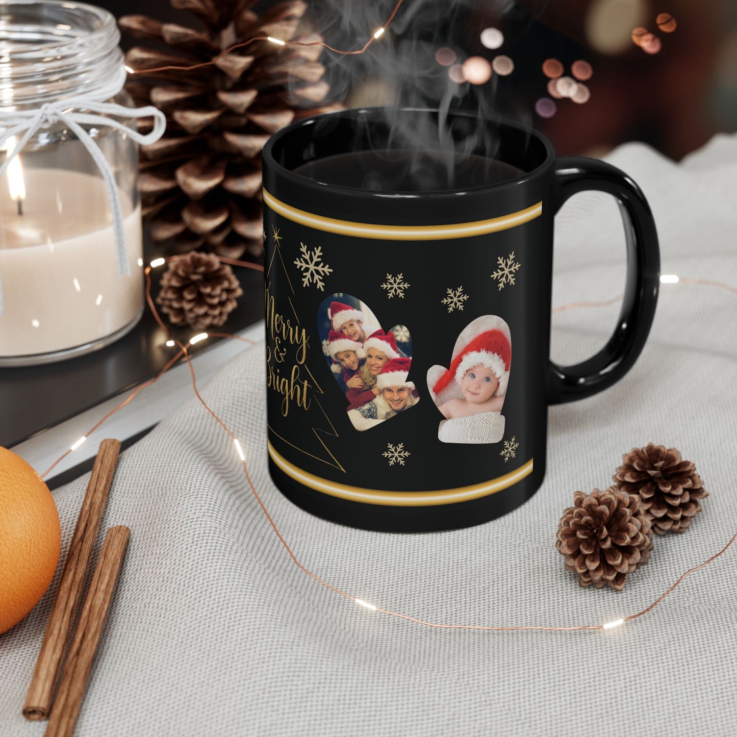 Personalized Christmas Photo Mug, Custom Holiday Picture Coffee Cup, Merry & Bright Gold Wrap Design, 11oz & 15oz