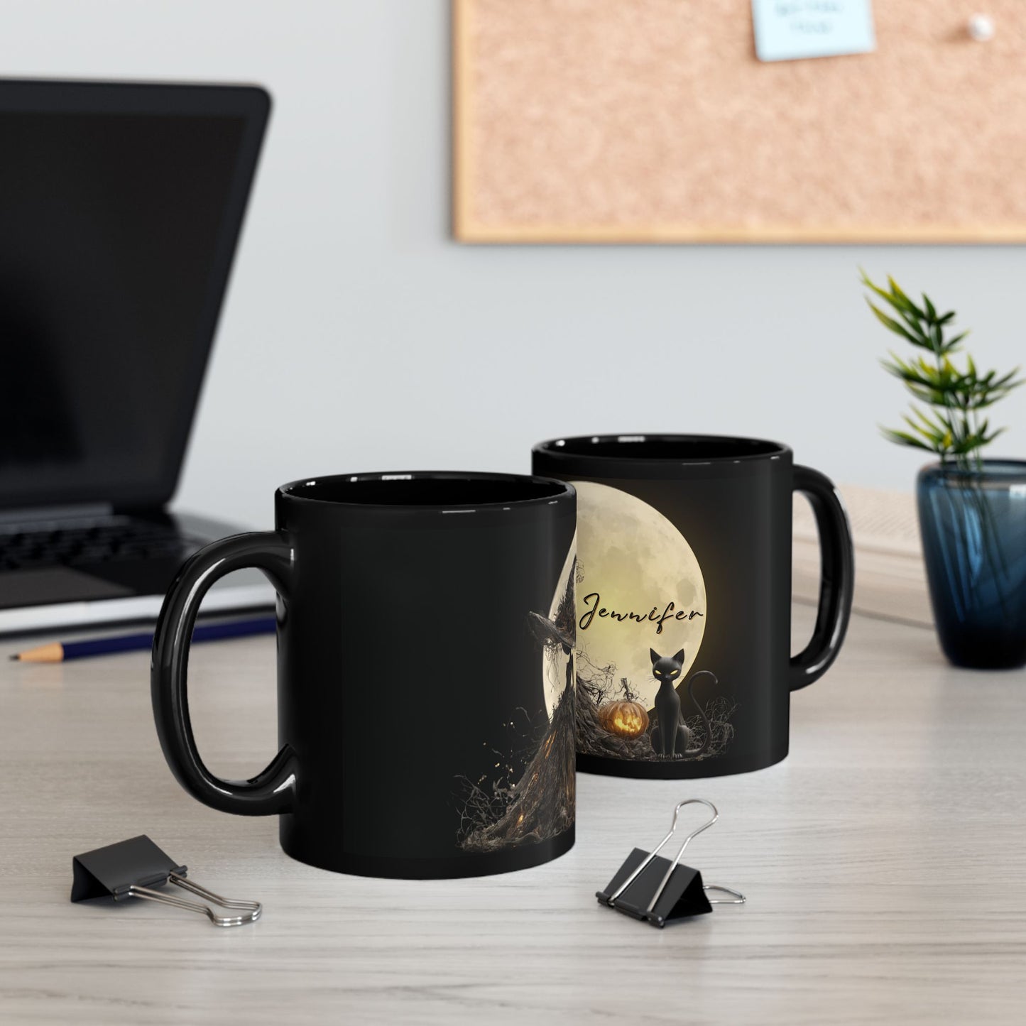 Personalized Halloween Witch Mug with Black Cat & Moon – Custom Name – 11oz / 15oz Black Glossy Ceramic Coffee Cup