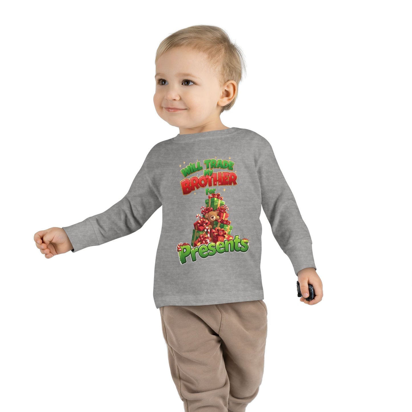 Toddler Christmas Long Sleeve Tee with 'Will Trade Brother for Presents' Design, Kids Holiday T-Shirt, Christmas Gift for Toddlers