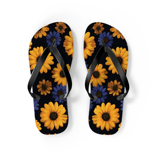 Flip Flops - Daisy Flower Seamless Pattern Retro 90s Vibe Yellow Navy Blue Black