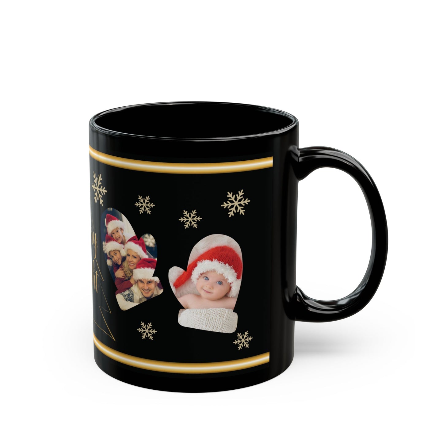 Personalized Christmas Photo Mug, Custom Holiday Picture Coffee Cup, Merry & Bright Gold Wrap Design, 11oz & 15oz