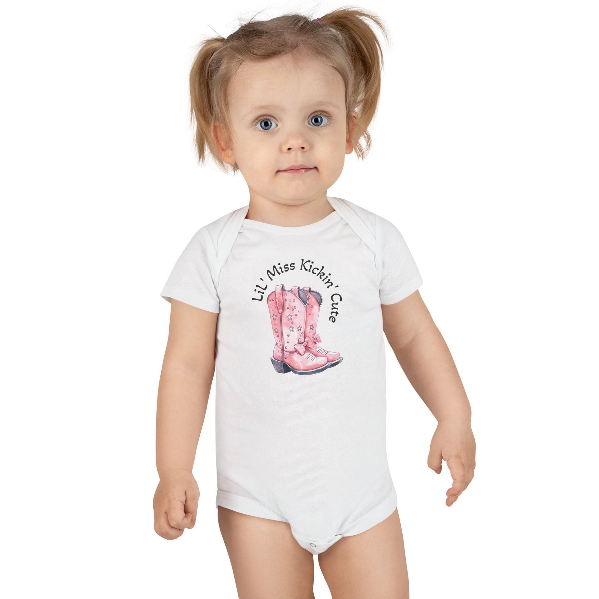 LiL' Miss Kickin' Cute with Cowgirl Boots, Infant Bodysuit, Western Baby, Rodeo Onesie, Cowgirl Baby Outfit, Personalization Option Printify