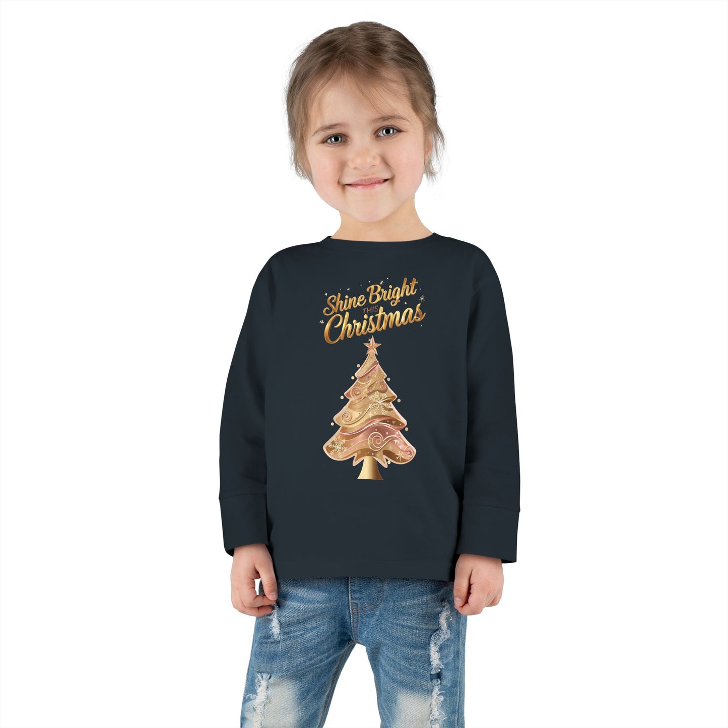 Toddler Long Sleeve Tee, "Shine Bright Christmas" Shirt for Kids, Holiday Outfit, Christmas Gift, Festive Clothing, Cute Toddler Apparel