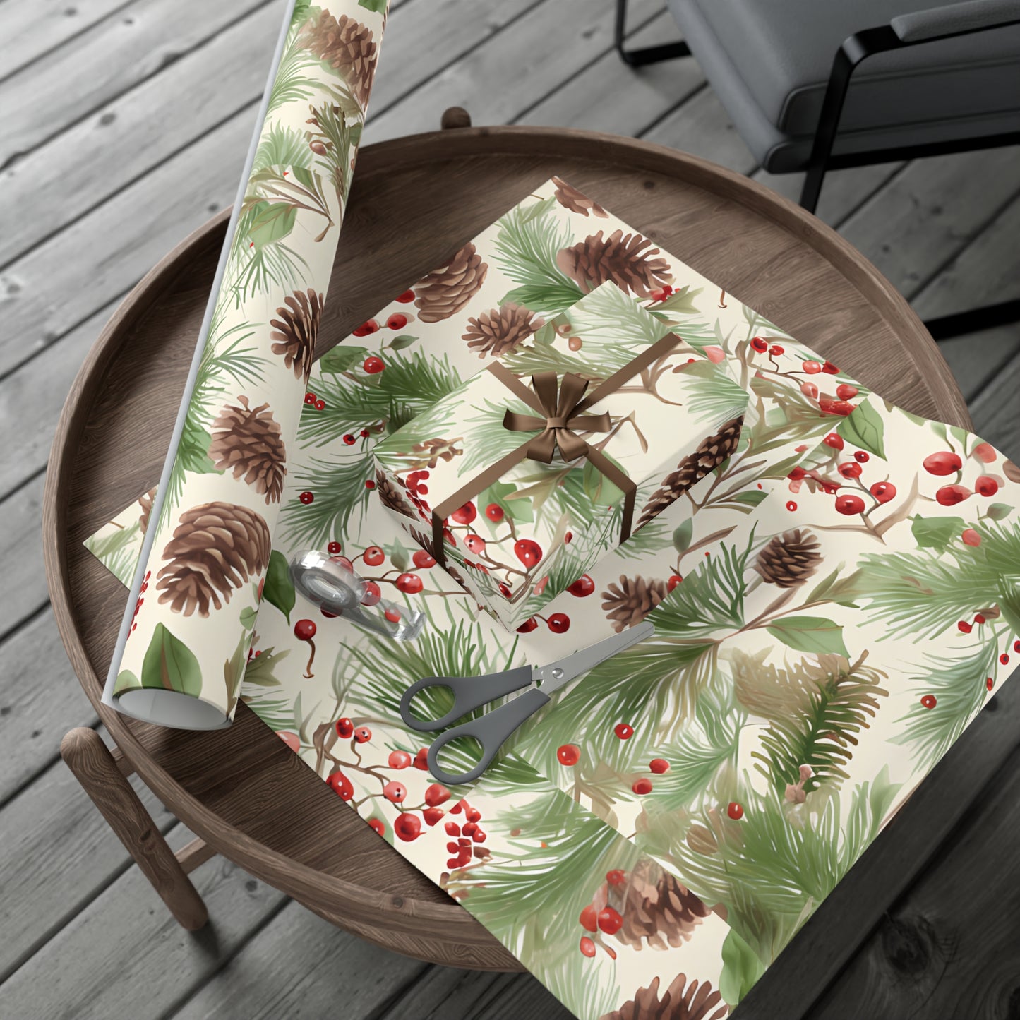 Holiday Gift Wrap Paper, Pinecones and Berries, Eco-Friendly Wrapping Paper, Christmas Gifts, Seasonal Decor, Handmade Wrapping