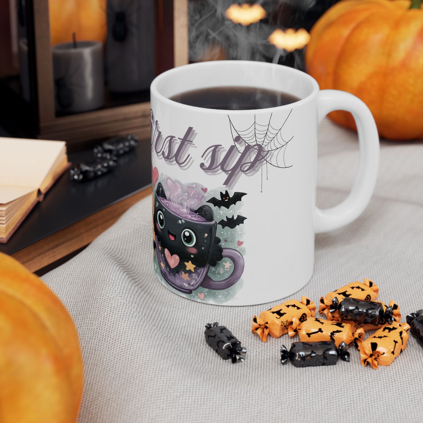 Whimsical Bat Ceramic Mug, Love at First Sip Kawaii Style Coffee Cup, 11oz, 15oz - Halloween Gift, Animal Lover, Cute Kitchen Decor, Vampire