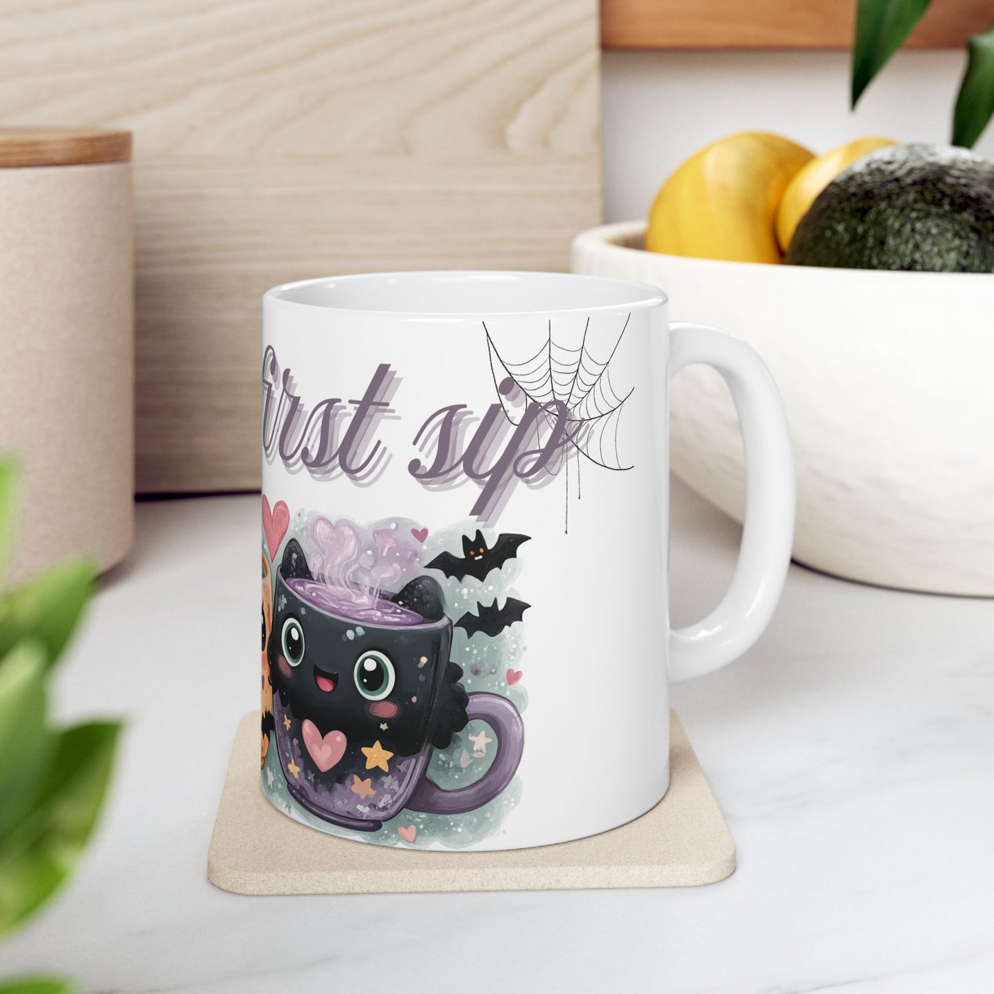 Whimsical Bat Ceramic Mug, Love at First Sip Kawaii Style Coffee Cup, 11oz, 15oz - Halloween Gift, Animal Lover, Cute Kitchen Decor, Vampire