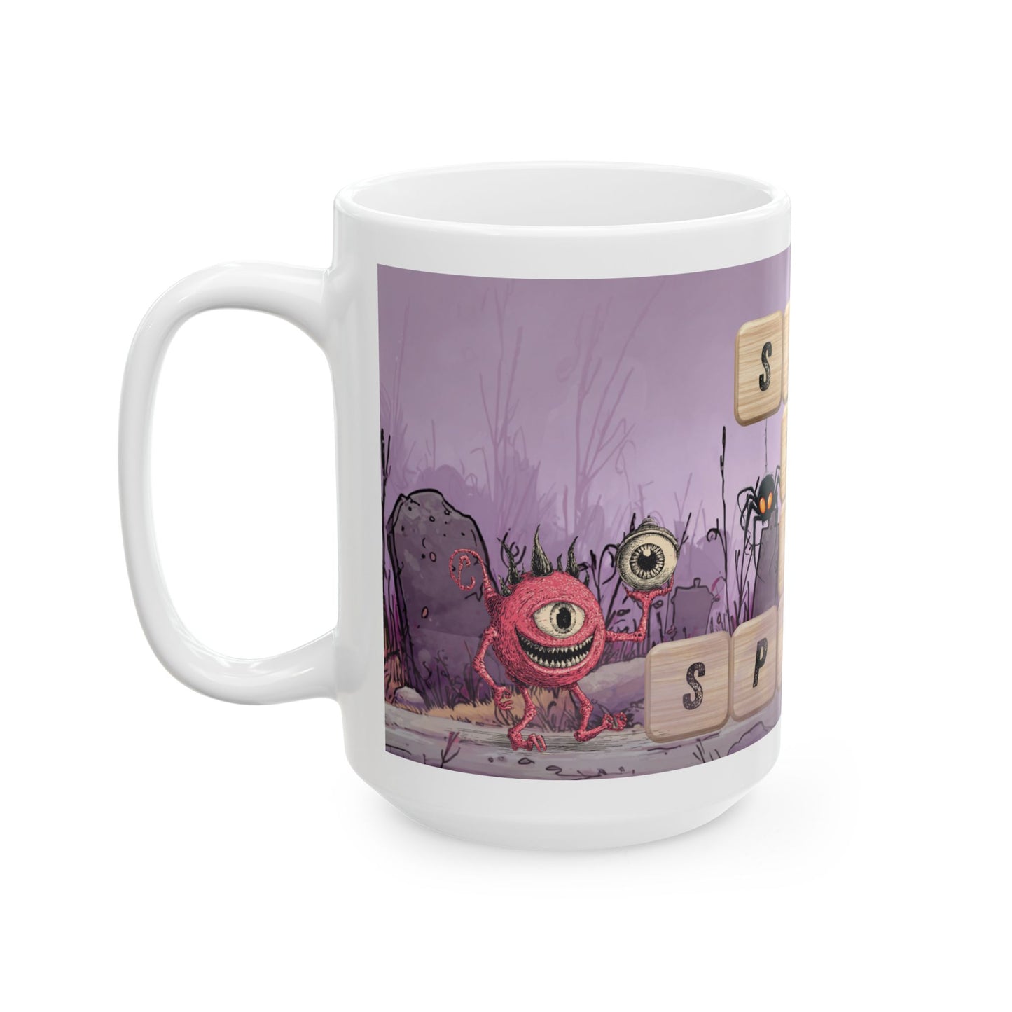 Sip Into Spooky Halloween Mug, Funny Scrabble Tile Coffee Cup, Cute Monster Design, Fall Gift for Coffee Lovers, Dishwasher Safe