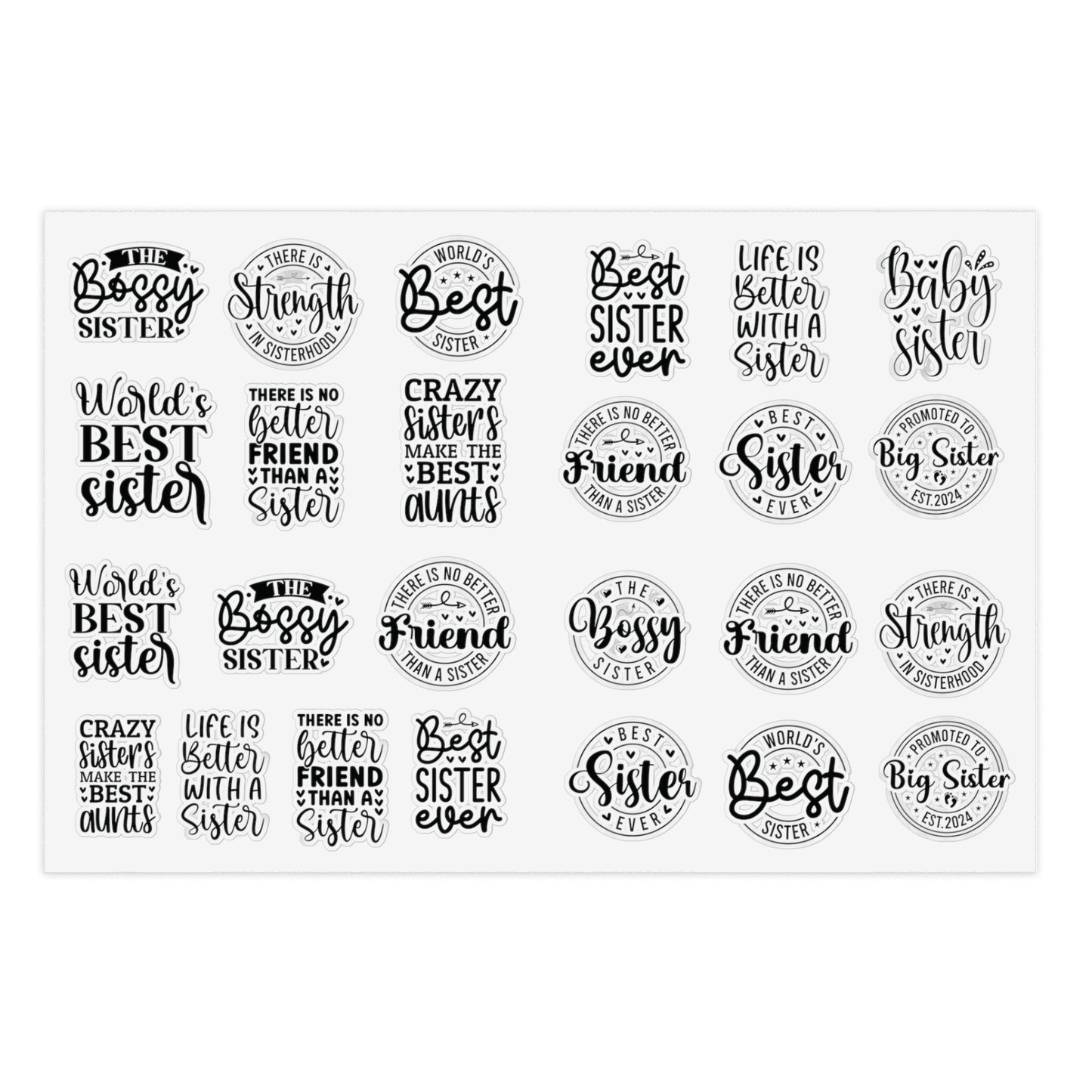 Sisterhood Sticker Bundle | 5 Sheets (125 Stickers) | White, Transparent or Holographic | Big Sister, Little Sis, Best Sister Gift
