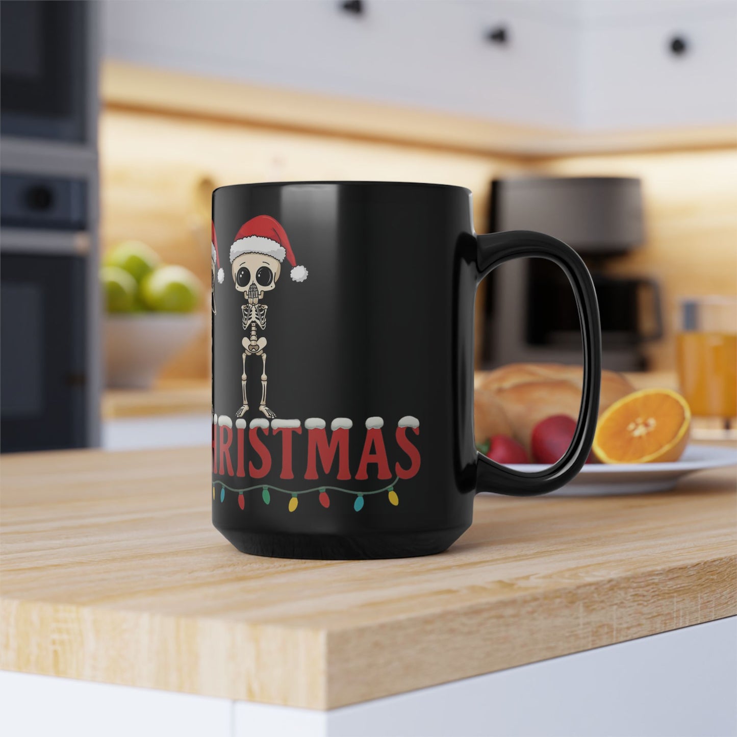 Christmas Skeleton Mug Funny Hear No Evil See No Evil Speak No Evil Skeletons in Santa Hats Black Coffee Cup Holiday Gift