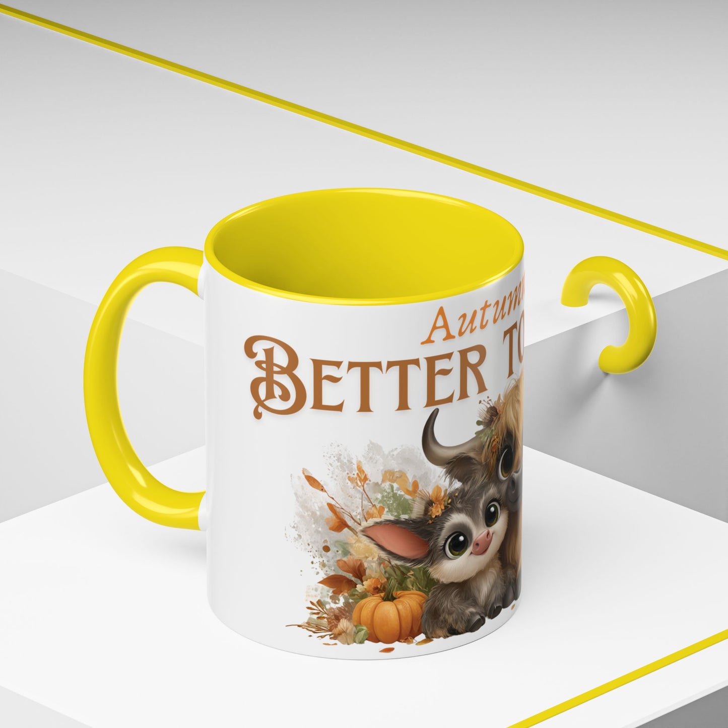 Autumn is Better Together Highland Cow Accent Coffee Mug Fall Mama and Baby Cow Cup White Ceramic with Color Handles 11oz or 15oz