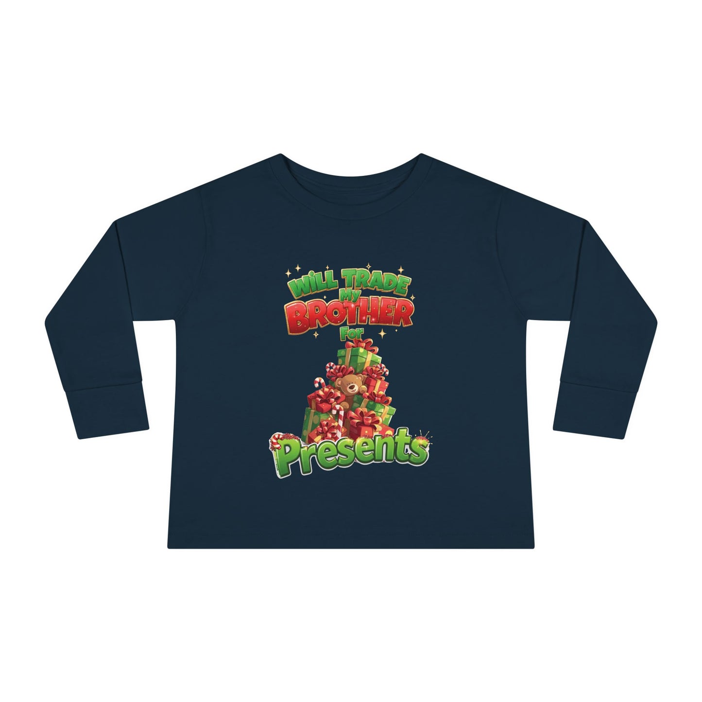 Toddler Christmas Long Sleeve Tee with 'Will Trade Brother for Presents' Design, Kids Holiday T-Shirt, Christmas Gift for Toddlers