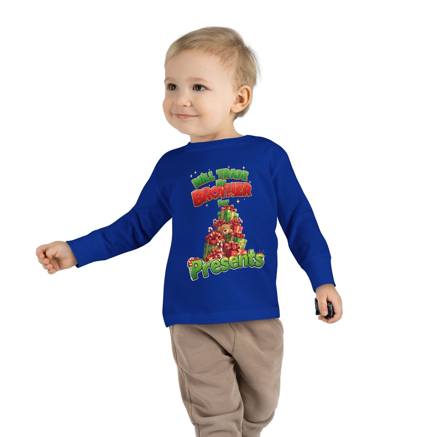Toddler Christmas Long Sleeve Tee with 'Will Trade Brother for Presents' Design, Kids Holiday T-Shirt, Christmas Gift for Toddlers