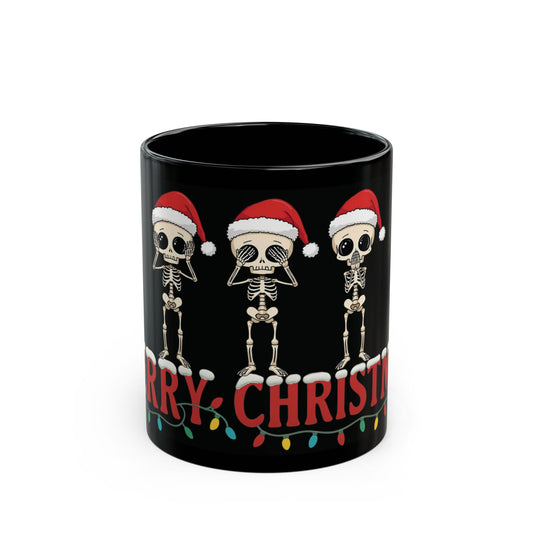 Christmas Skeleton Mug Funny Hear No Evil See No Evil Speak No Evil Skeletons in Santa Hats Black Coffee Cup Holiday Gift