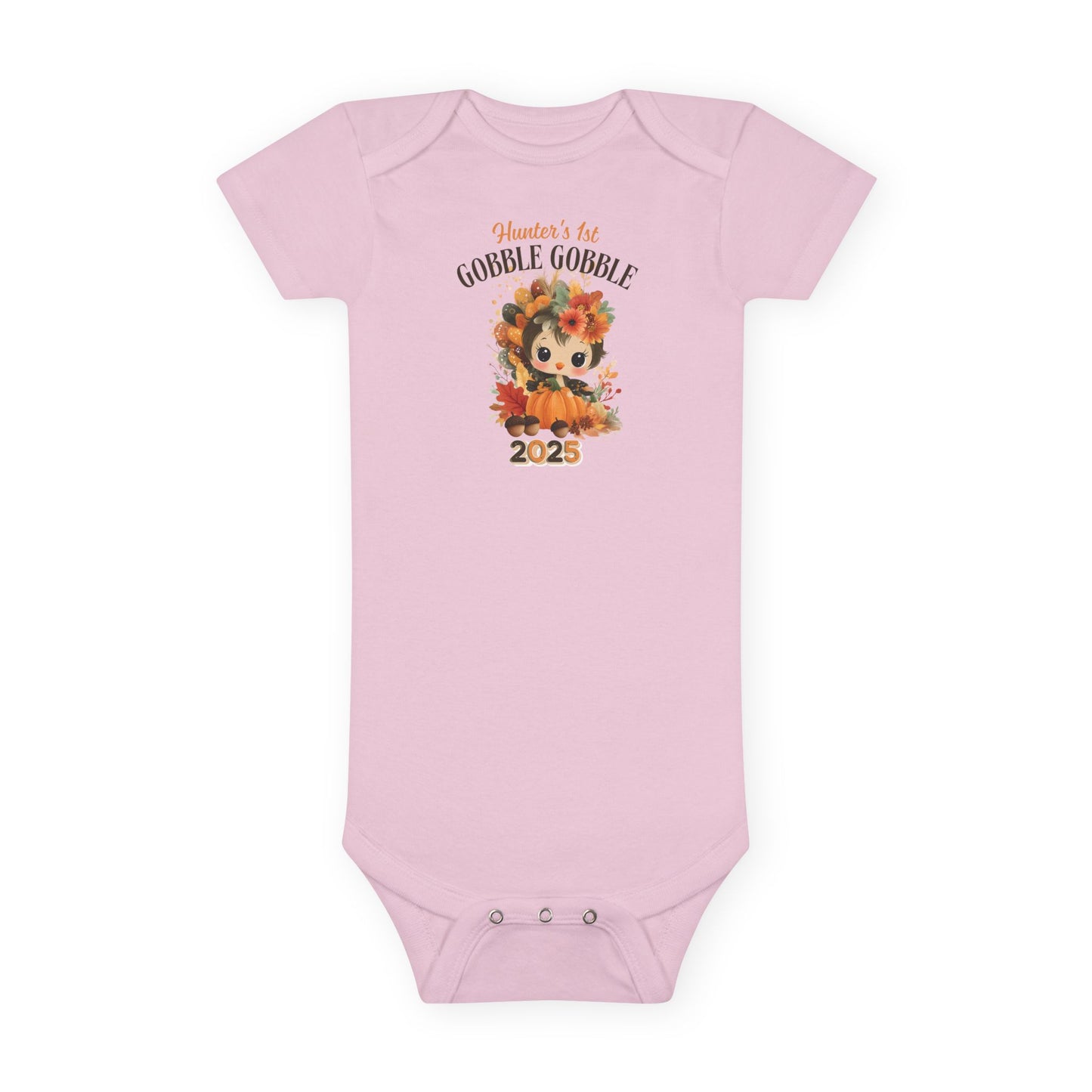Personalized Baby Thanksgiving Onesie 1st Gobble Gobble Turkey Outfit Custom Name and Year Holiday Baby Bodysuit White Grey Blue Pink