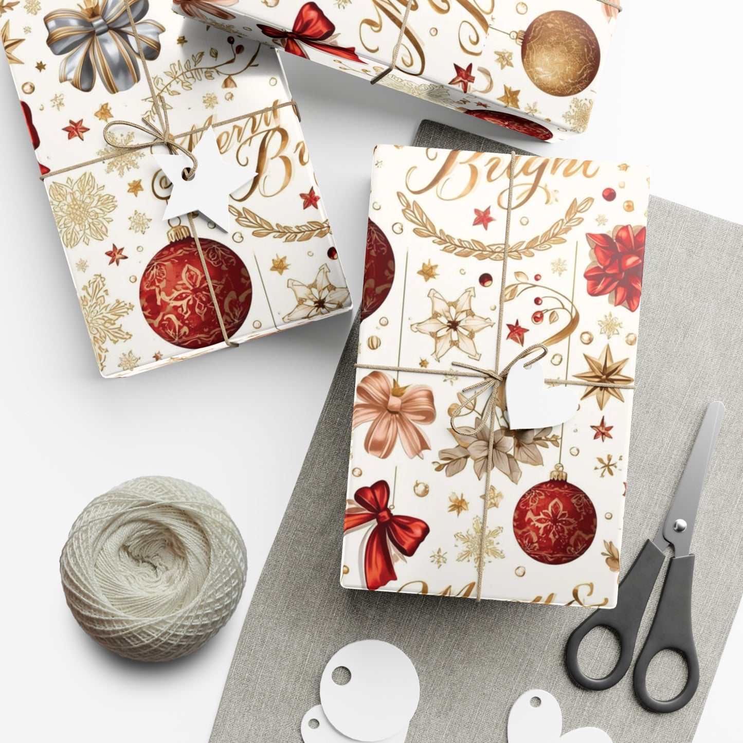 Merry & Bright Christmas Wrapping Paper – Elegant Red, Gold & Silver Ornament Gift Wrap