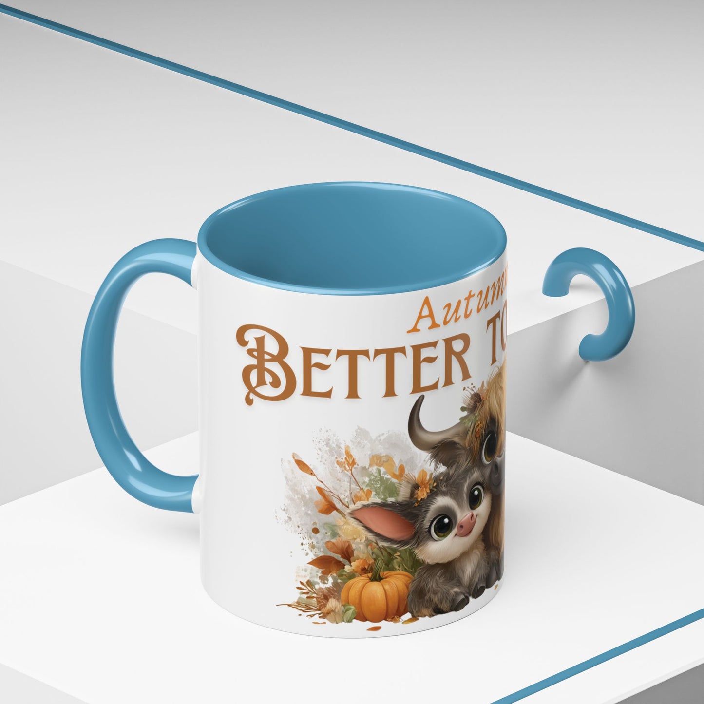 Autumn is Better Together Highland Cow Accent Coffee Mug Fall Mama and Baby Cow Cup White Ceramic with Color Handles 11oz or 15oz