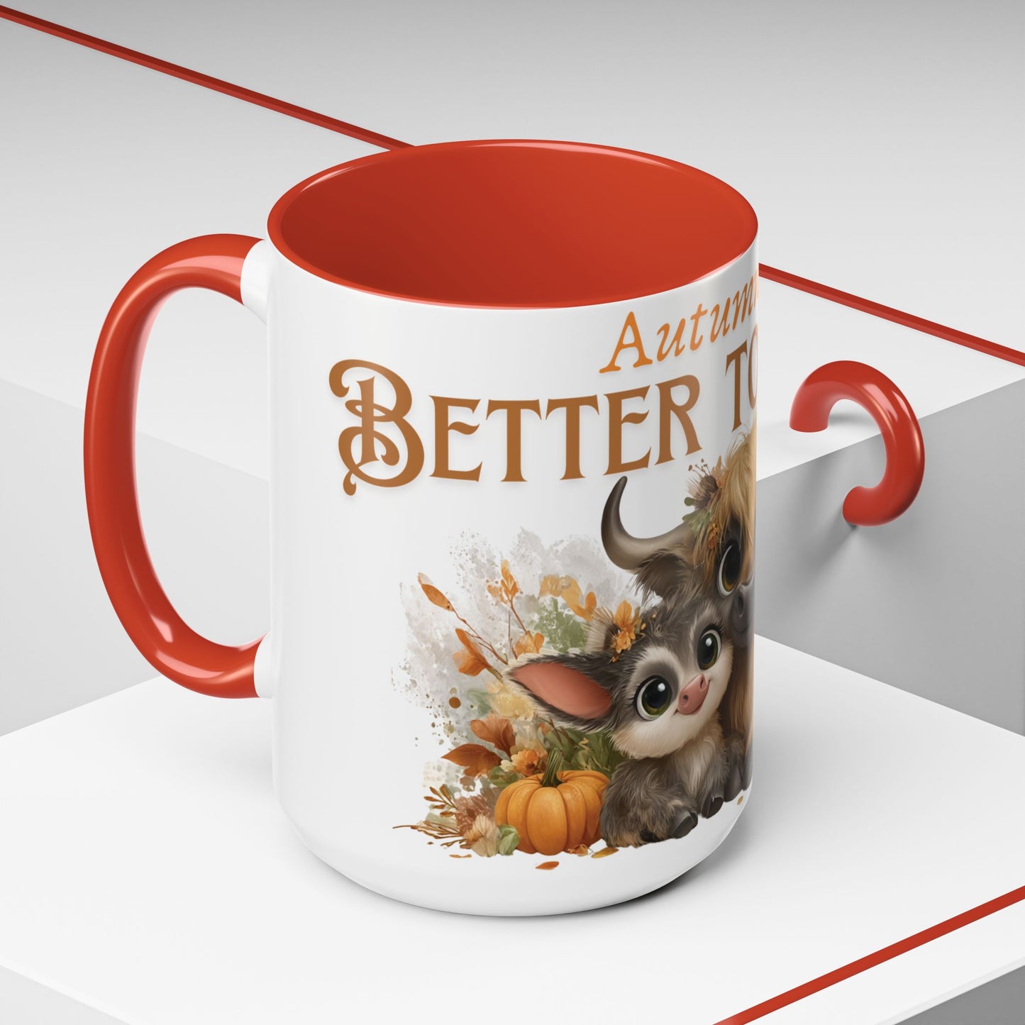 Autumn is Better Together Highland Cow Accent Coffee Mug Fall Mama and Baby Cow Cup White Ceramic with Color Handles 11oz or 15oz