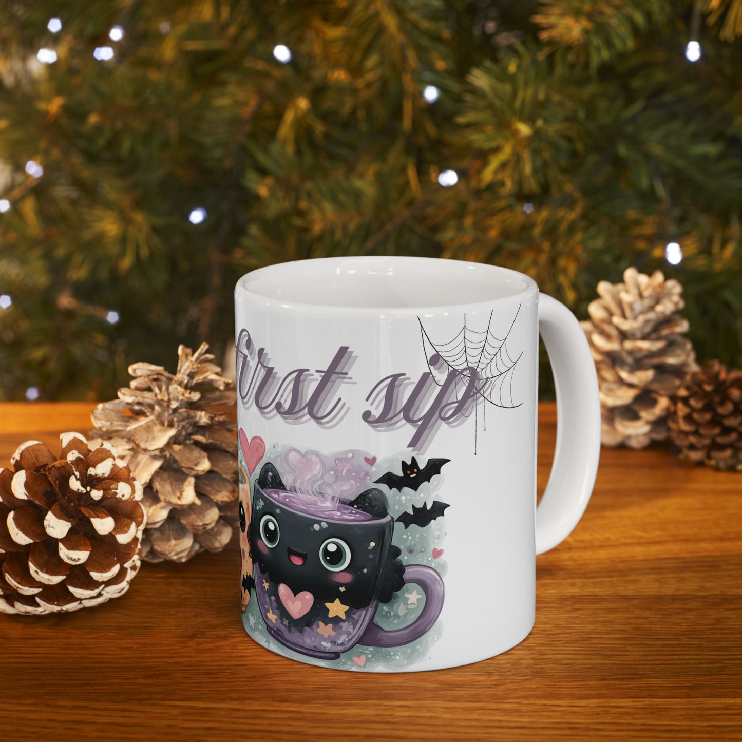 Whimsical Bat Ceramic Mug, Love at First Sip Kawaii Style Coffee Cup, 11oz, 15oz - Halloween Gift, Animal Lover, Cute Kitchen Decor, Vampire