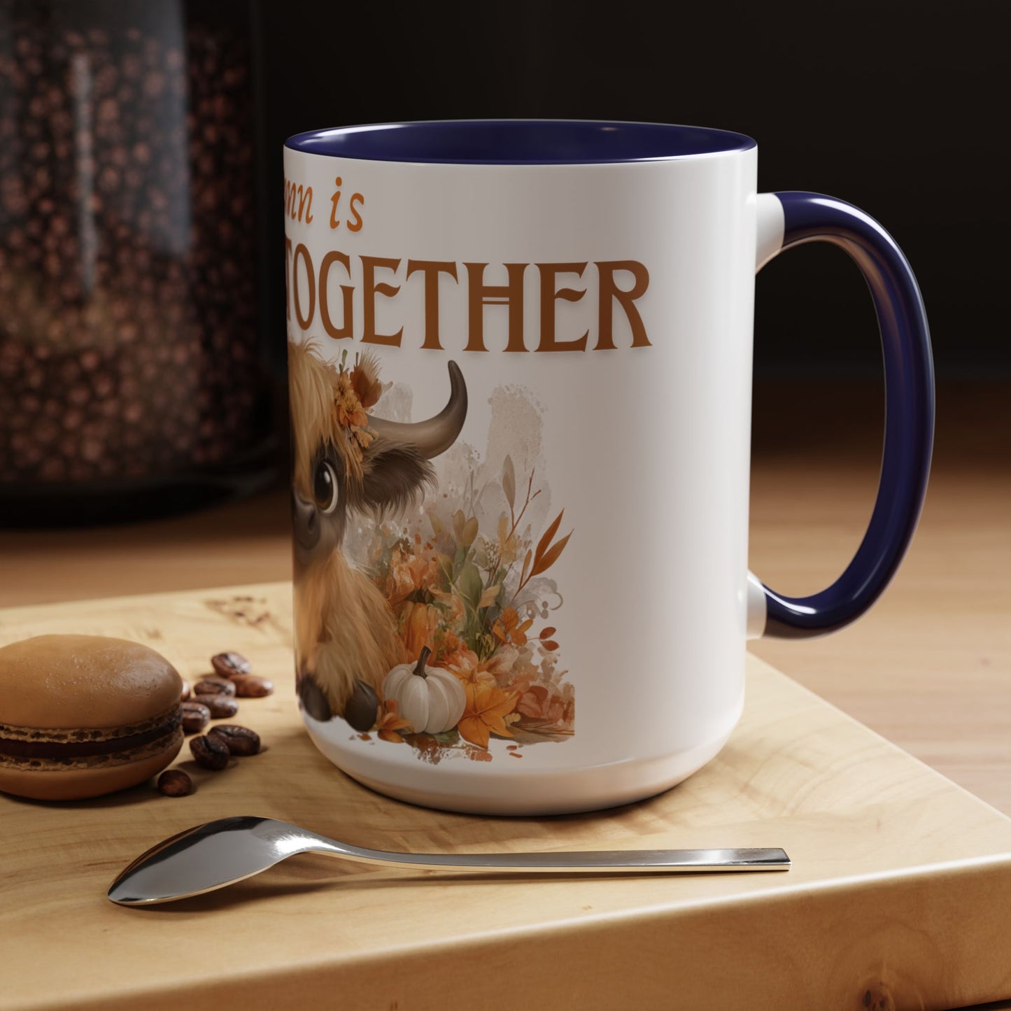 Autumn is Better Together Highland Cow Accent Coffee Mug Fall Mama and Baby Cow Cup White Ceramic with Color Handles 11oz or 15oz