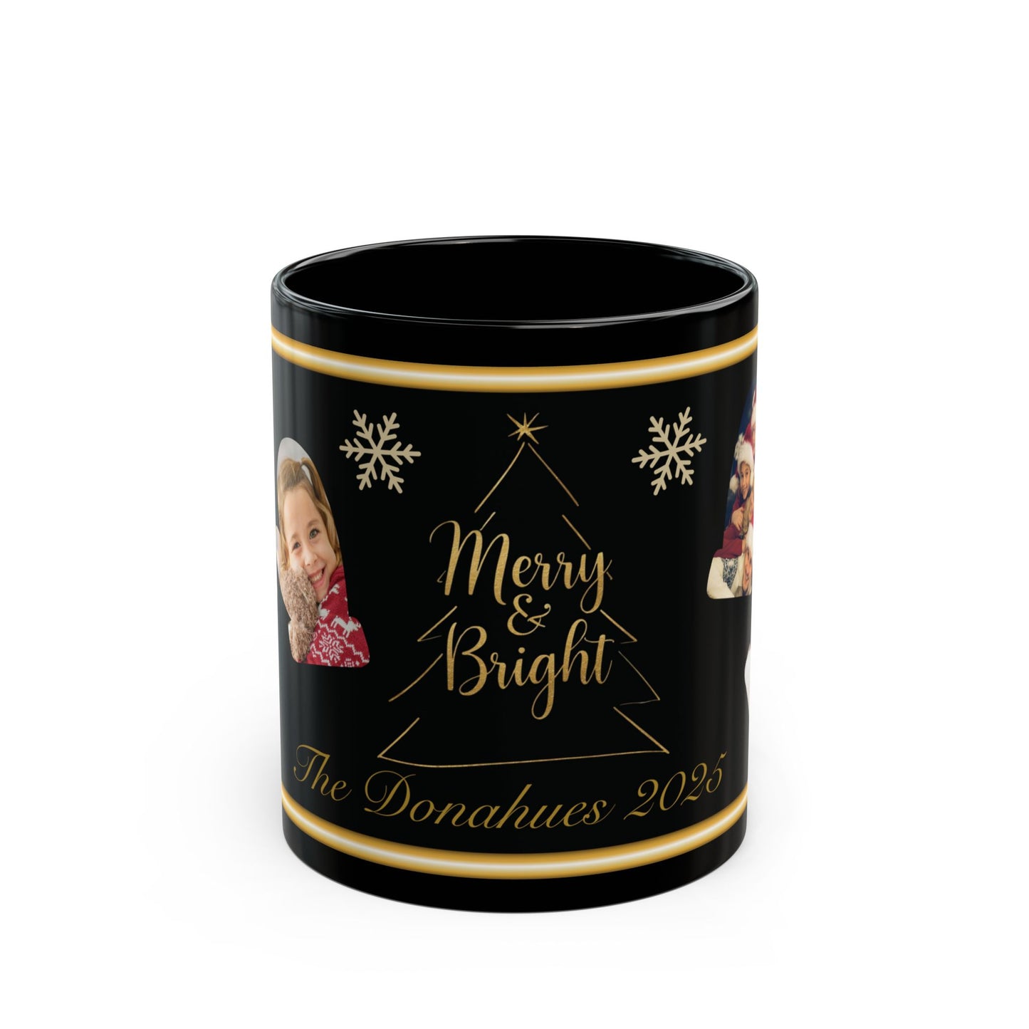 Custom Family Name Christmas Photo Mug – Personalized Holiday Pictures, Add Name & Year, Merry & Bright Gold Wrap, 11oz & 15oz Black Ceramic