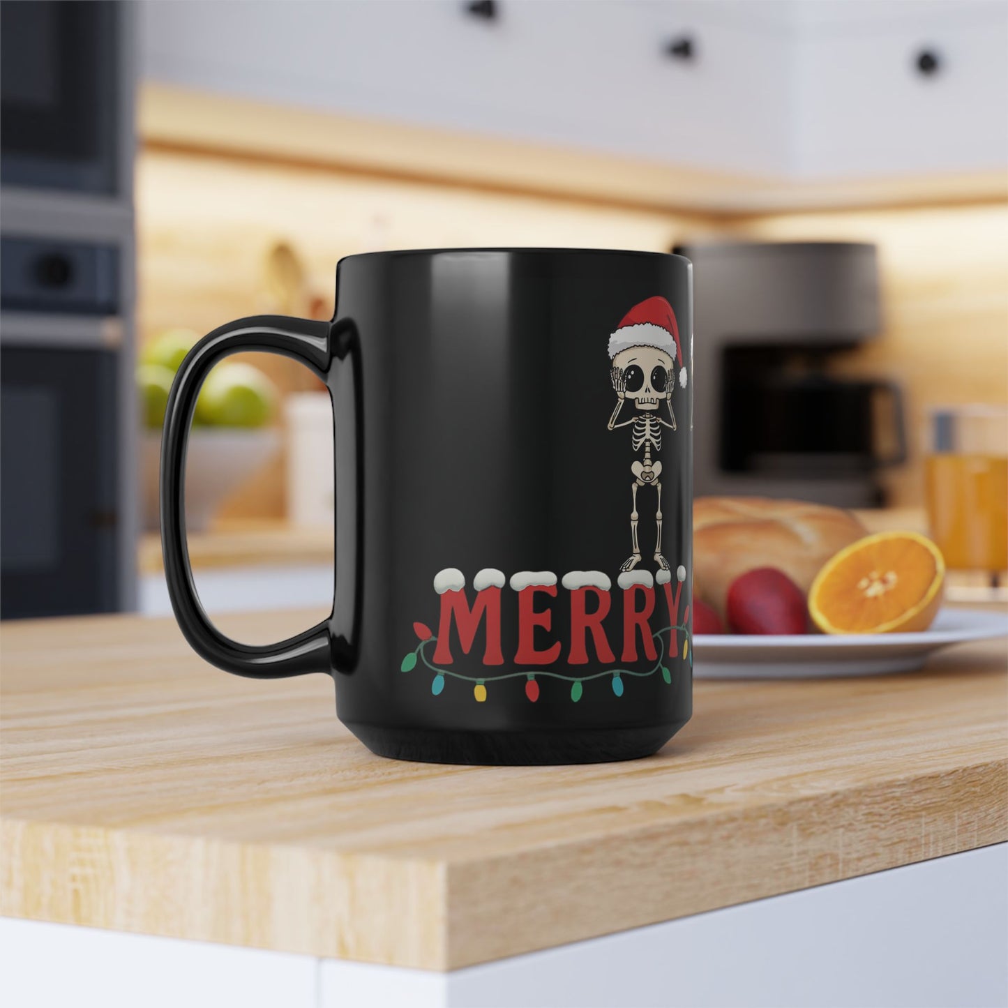 Christmas Skeleton Mug Funny Hear No Evil See No Evil Speak No Evil Skeletons in Santa Hats Black Coffee Cup Holiday Gift