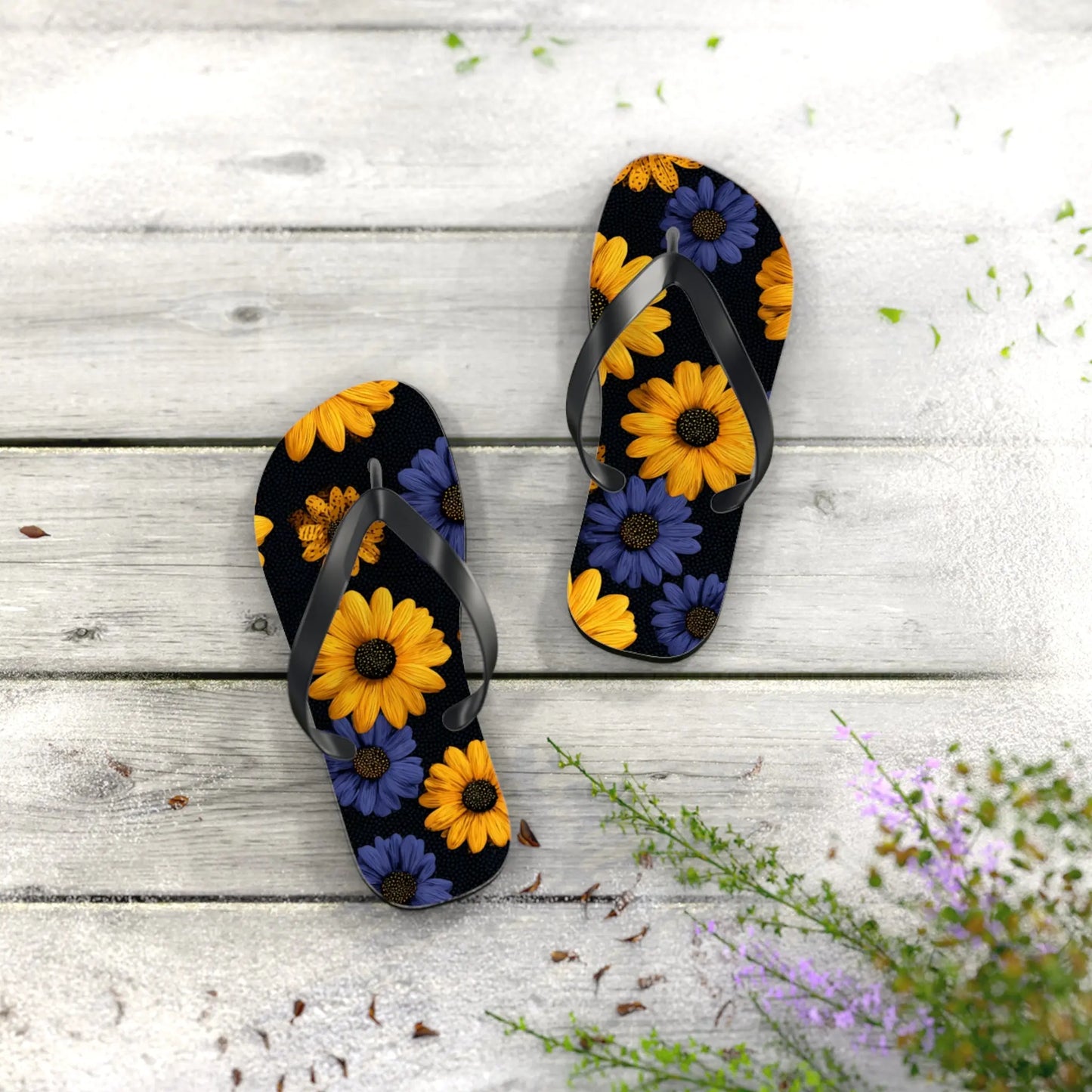 Flip Flops - Daisy Flower Seamless Pattern Retro 90s Vibe Yellow Navy Blue Black Printify